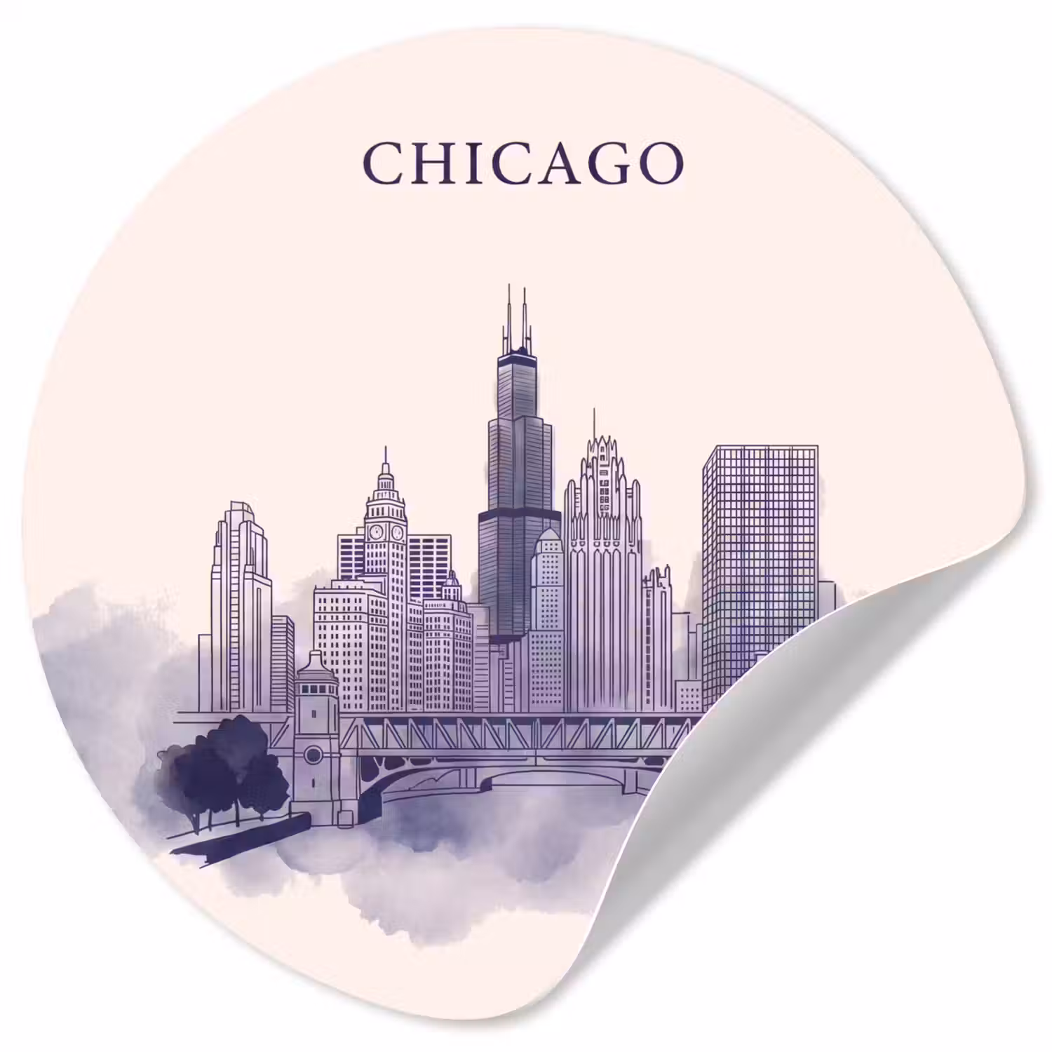 Stad - Skyline - Architectuur - Lijntekening - Blauw Wandcirkel behangsticker klein -3d