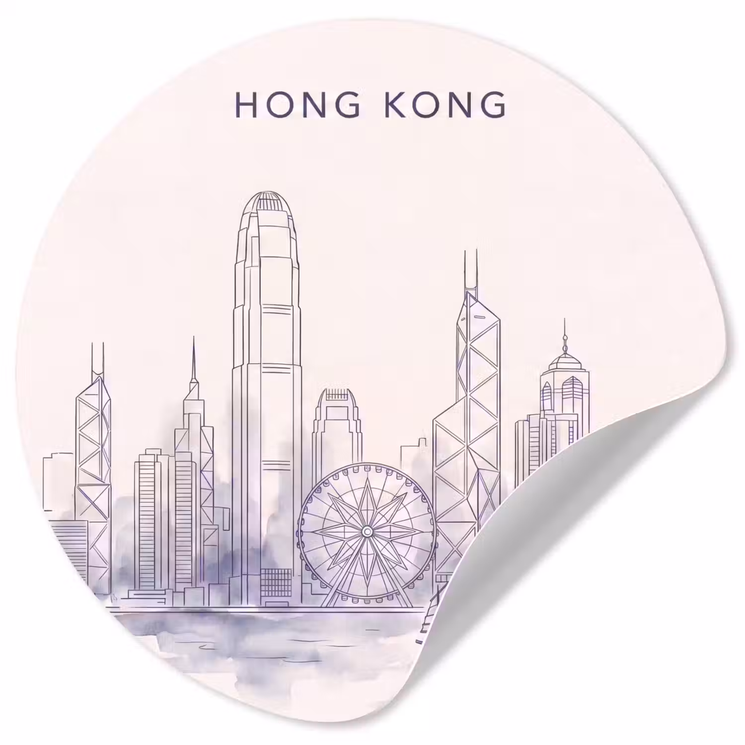 Stad - Skyline - Water - Lijntekening - Blauw Wandcirkel behangsticker klein -3d