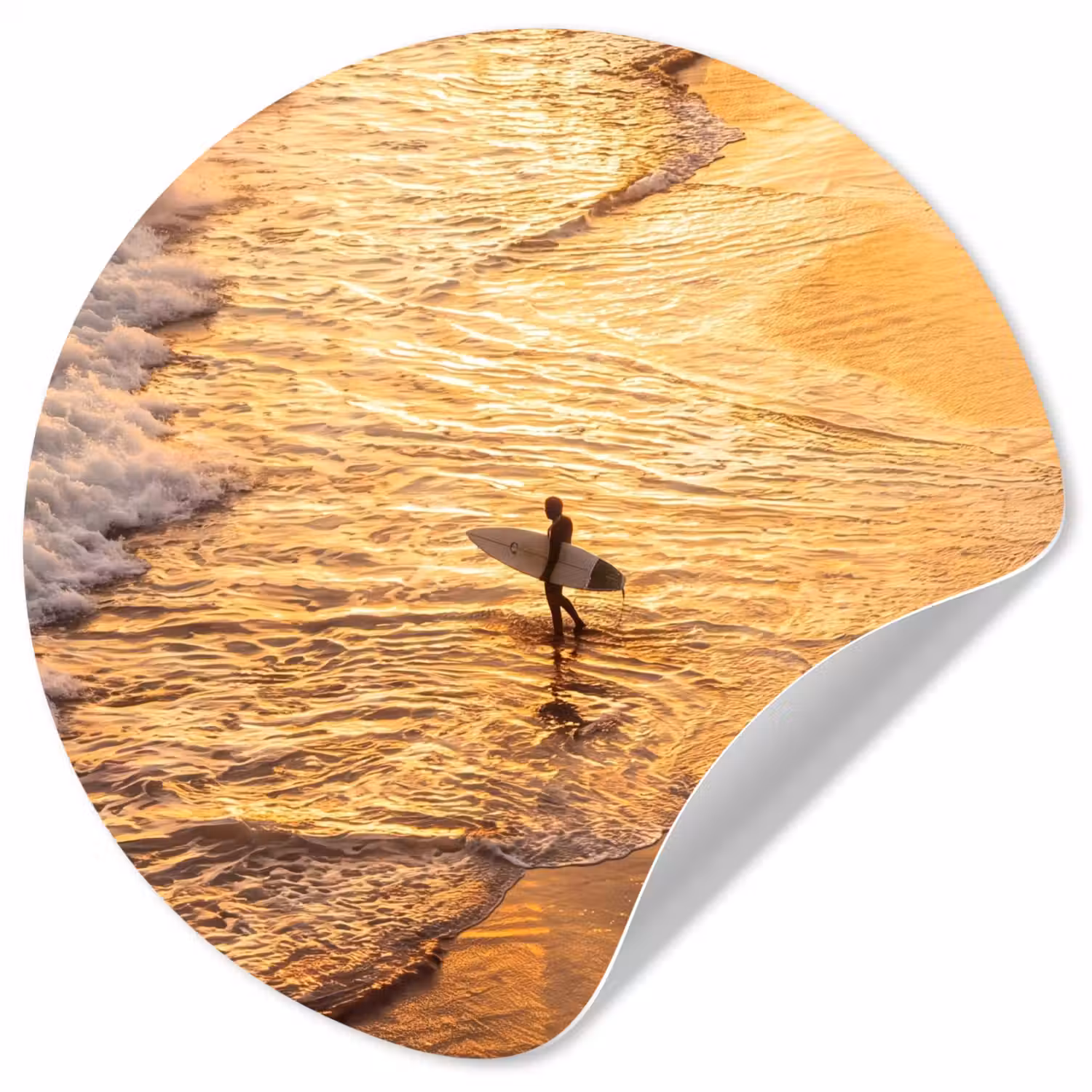 Surfer - Strand - Zonsondergang - Oceaan - Goud Wandcirkel behangsticker klein -3d