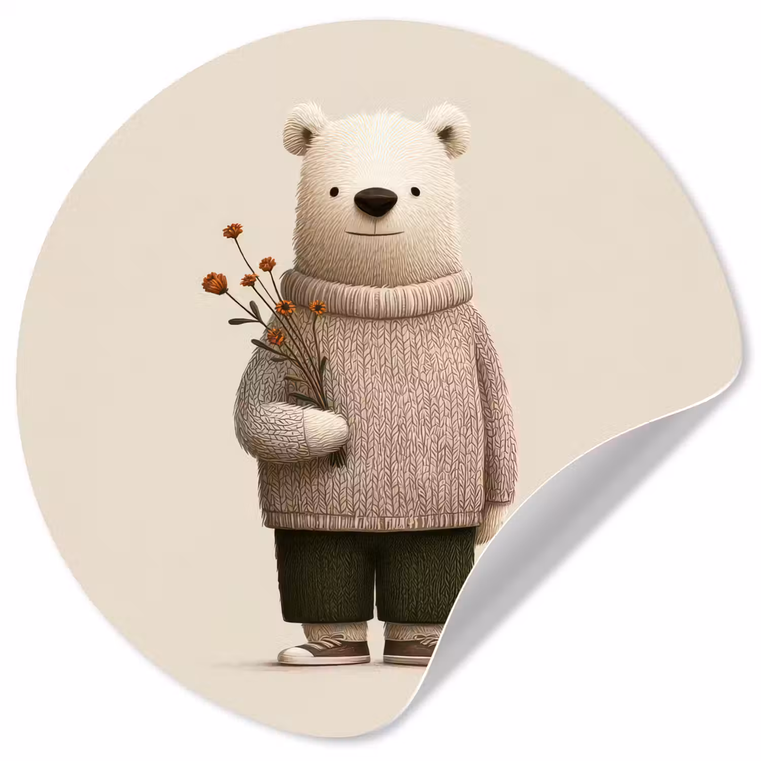 Knuffelbeer - Oranje bloemen - Vriendelijk Wandcirkel behangsticker klein -3d