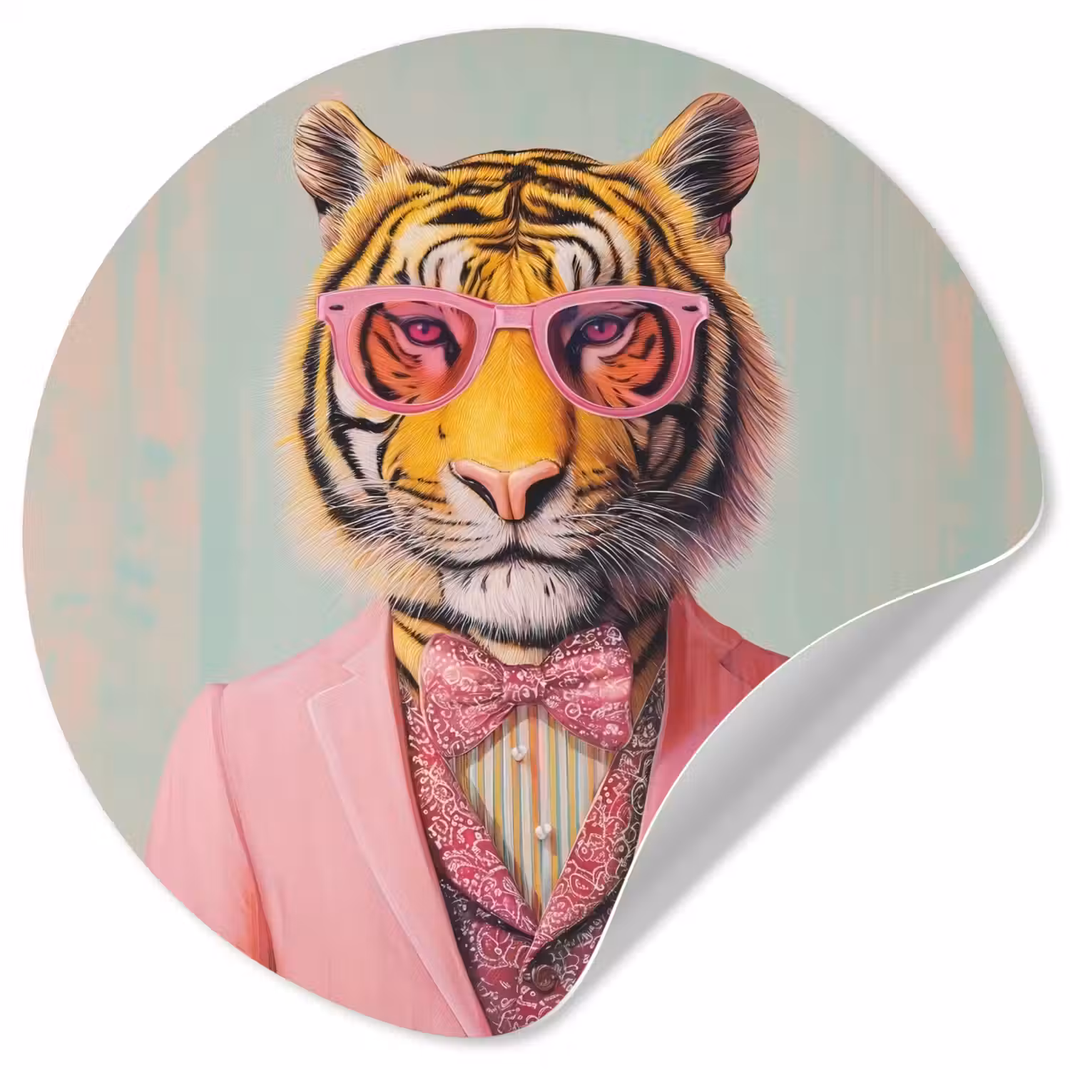 Tijger - Strik - Jasje - Roze Wandcirkel behangsticker klein -3d