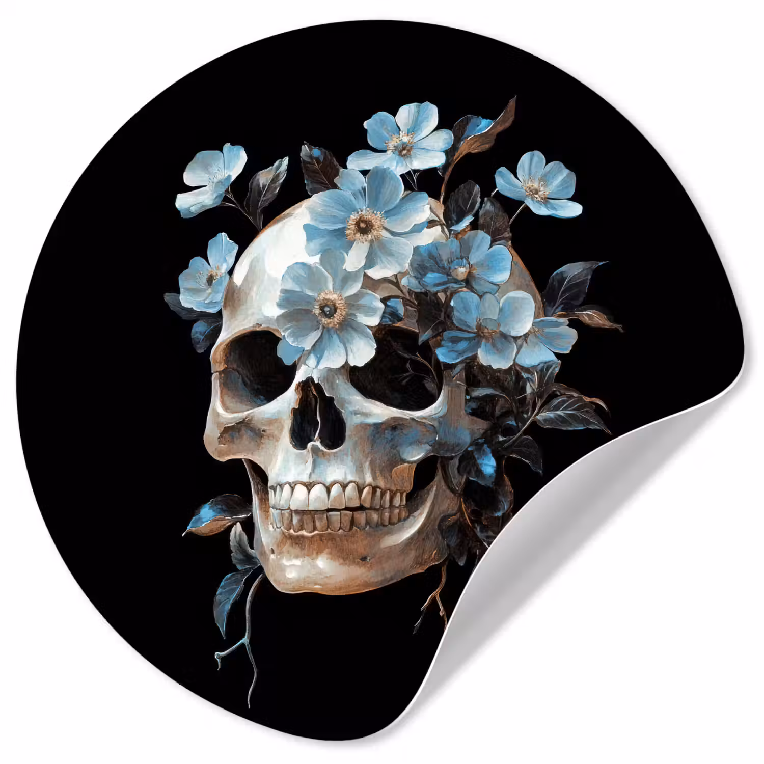 Schedel - Blauw - Bloemen - Bladeren Wandcirkel behangsticker klein -3d