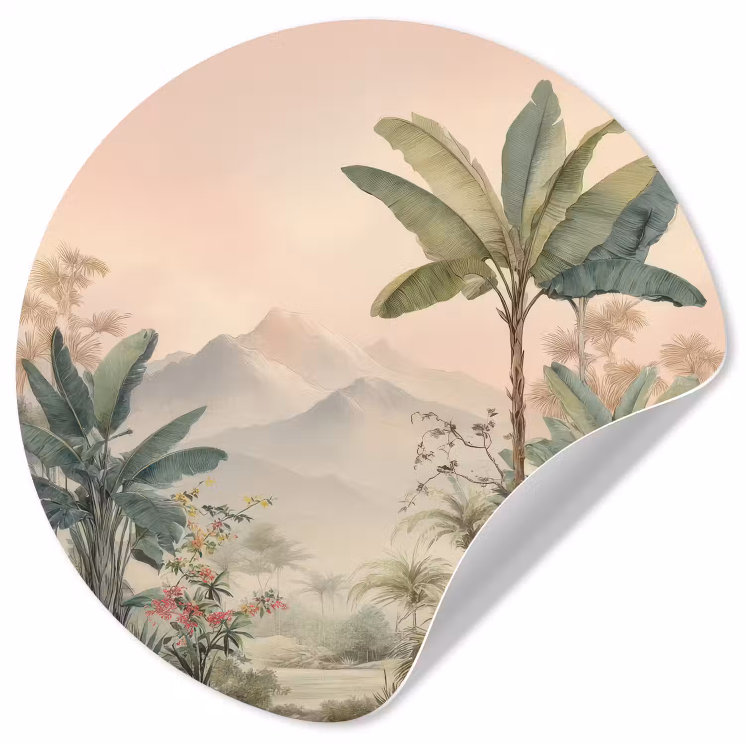 Tropisch landschap - palmbomen - Bloemen - Roze lucht Wandcirkel behangsticker klein -3d