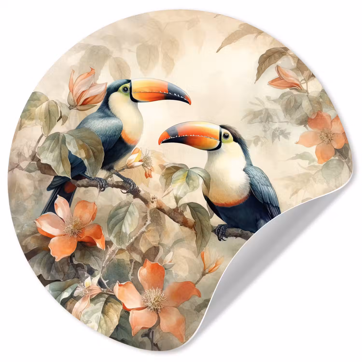 Toekan - Vogels - Bloemen - Tak Wandcirkel behangsticker klein -3d