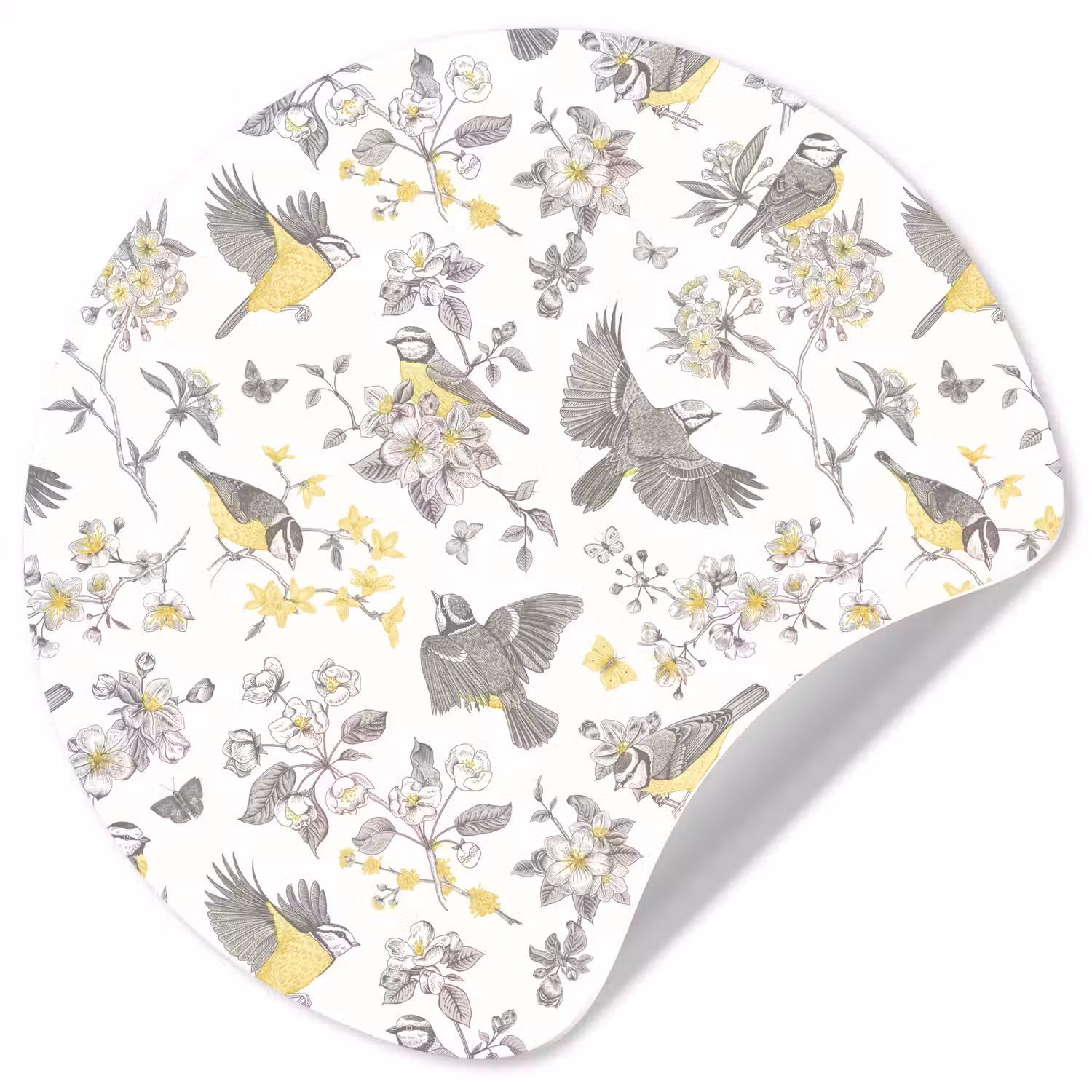 Birds - Flowers - Gray - Yellow Wandcirkel behangsticker klein 186 -3d