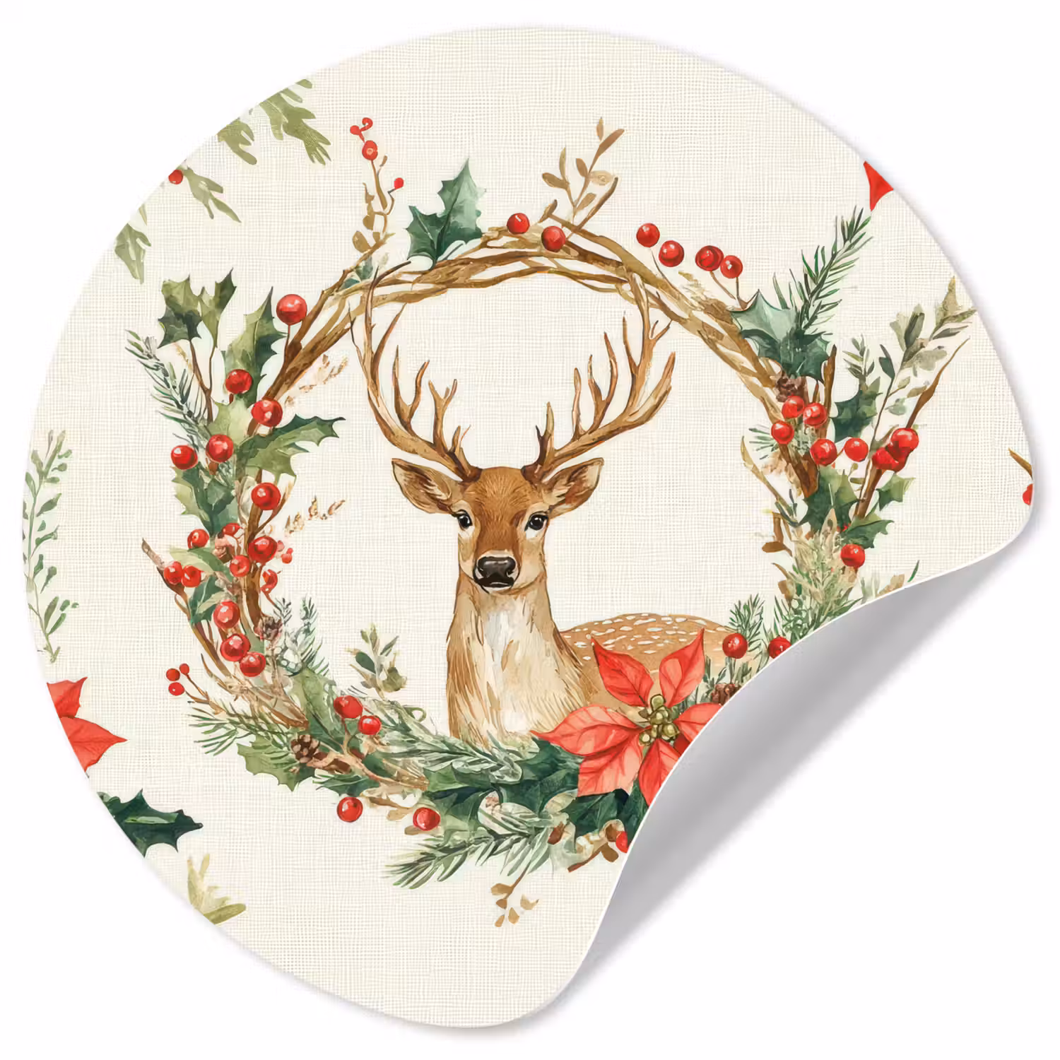 Kerstkrans - Hert - Hulst - Rood Wandcirkel behangsticker klein -3d