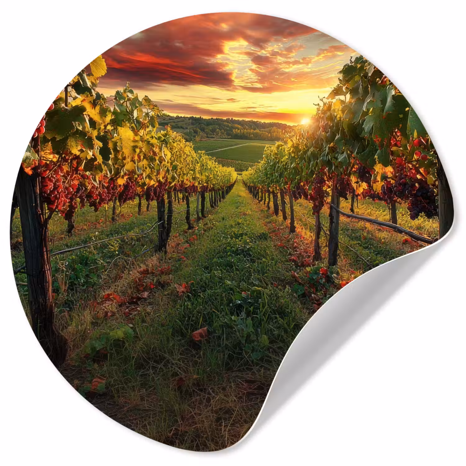 Wijngaard - Druiven - Zonsondergang Wandcirkel behangsticker klein -3d