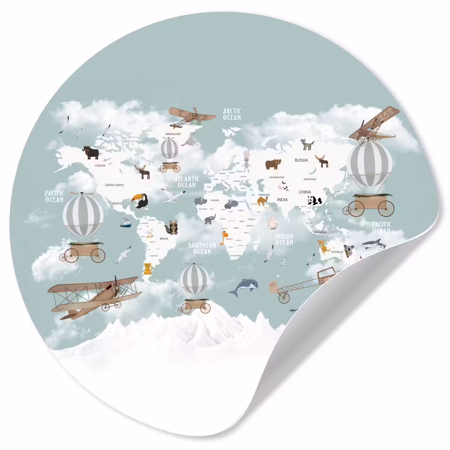 Wereldkaart - Kind - Vliegtuig Wandcirkel behangsticker klein -3d