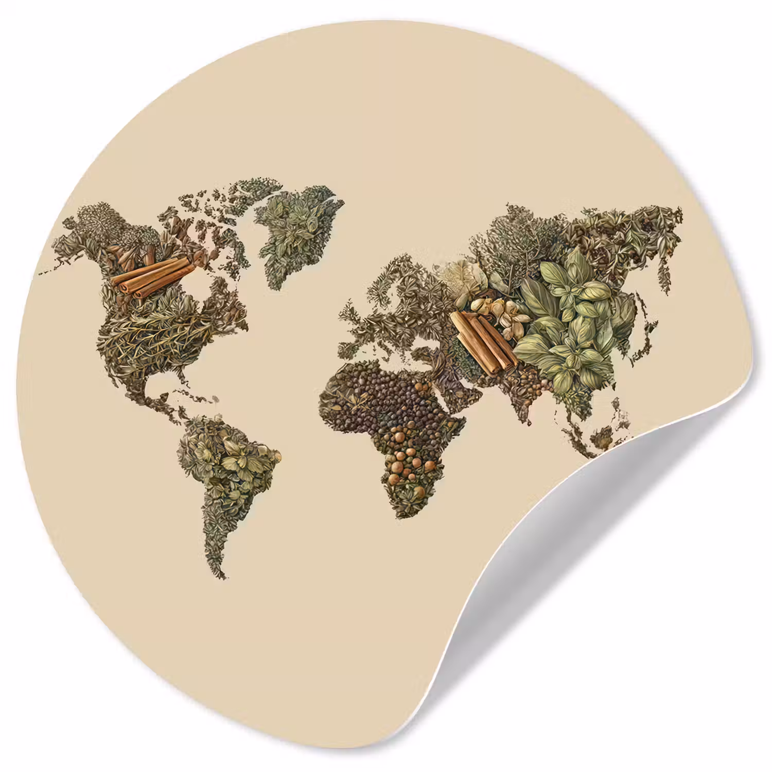 Wereldkaart - Kruiden - Kleurrijk Wandcirkel behangsticker klein -3d