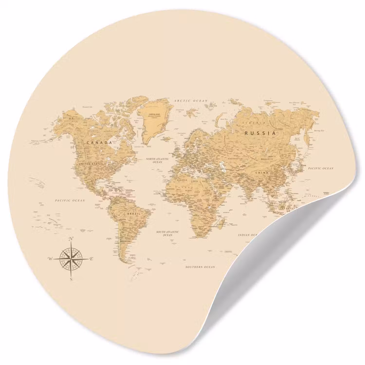 Wereldkaart - Realistisch - Beige Wandcirkel behangsticker klein -3d
