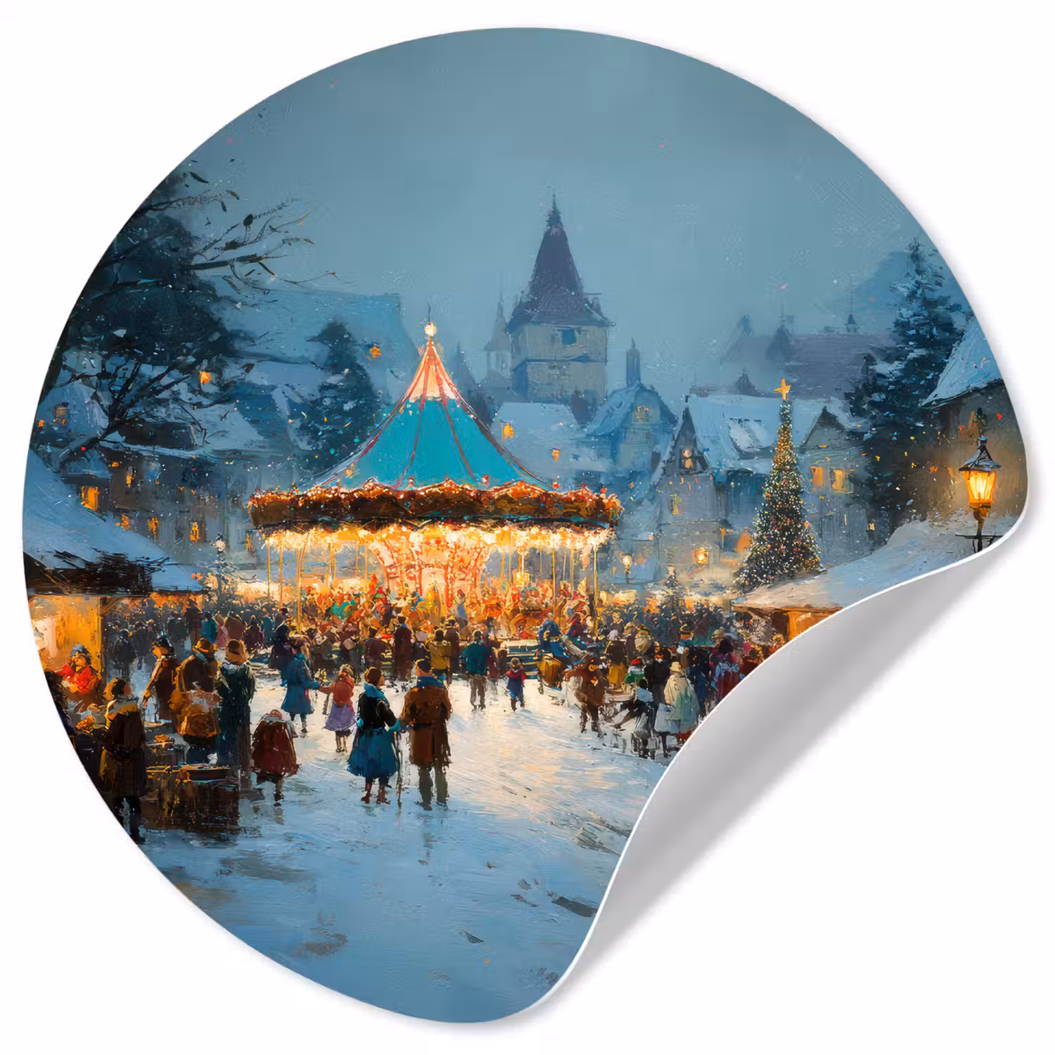 Winterkermis - Dorp - Kleurrijk Wandcirkel behangsticker klein -3d