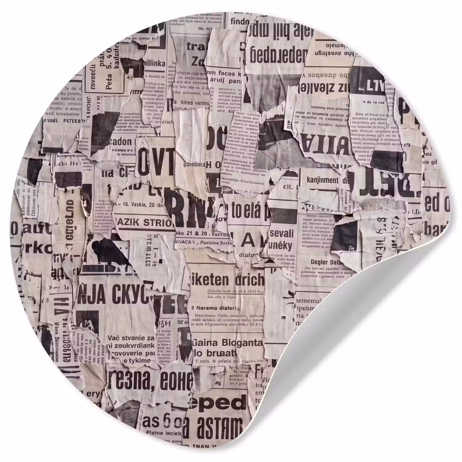 Krant - Gescheurd - Textuur - Abstract - Zwart-wit Wandcirkel behangsticker klein -3d