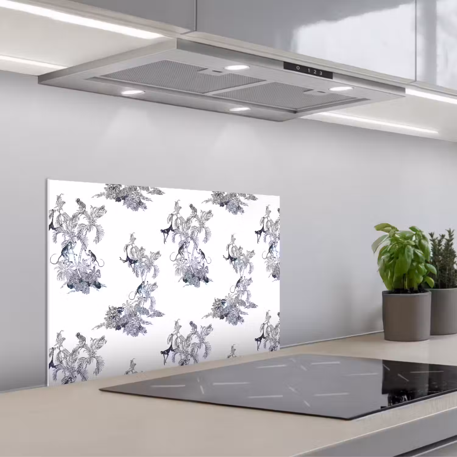 Aap - Palmboom - Blauw keuken achterwand spatscherm klein 900 -3d_schuin