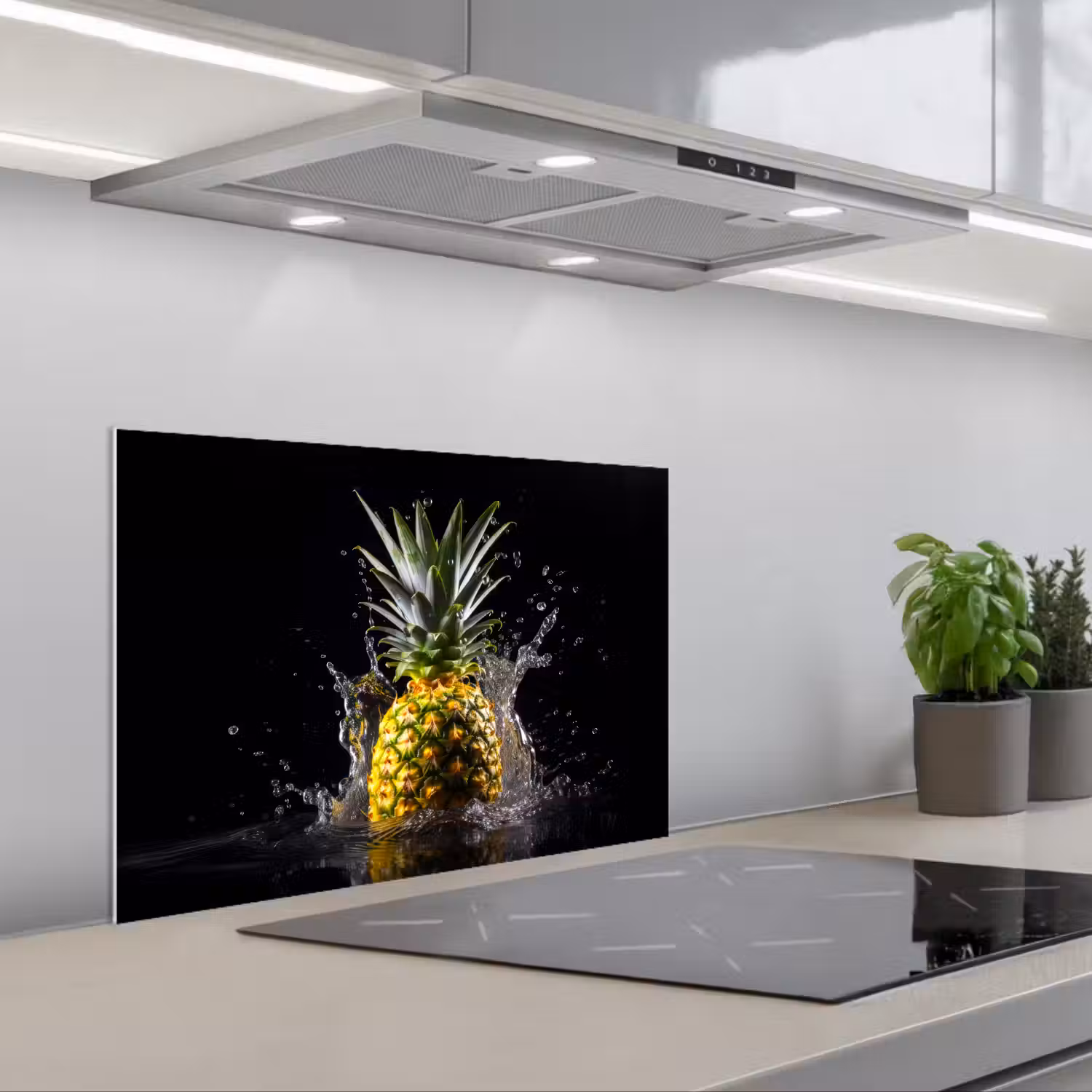 Ananas - Fruit - Water - Planten - Zwart keuken achterwand spatscherm klein -3d_schuin