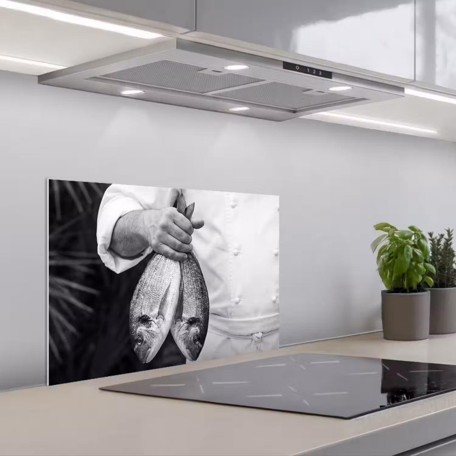 Vissen - Chef - Zwart - Wit keuken achterwand spatscherm klein -3d_schuin