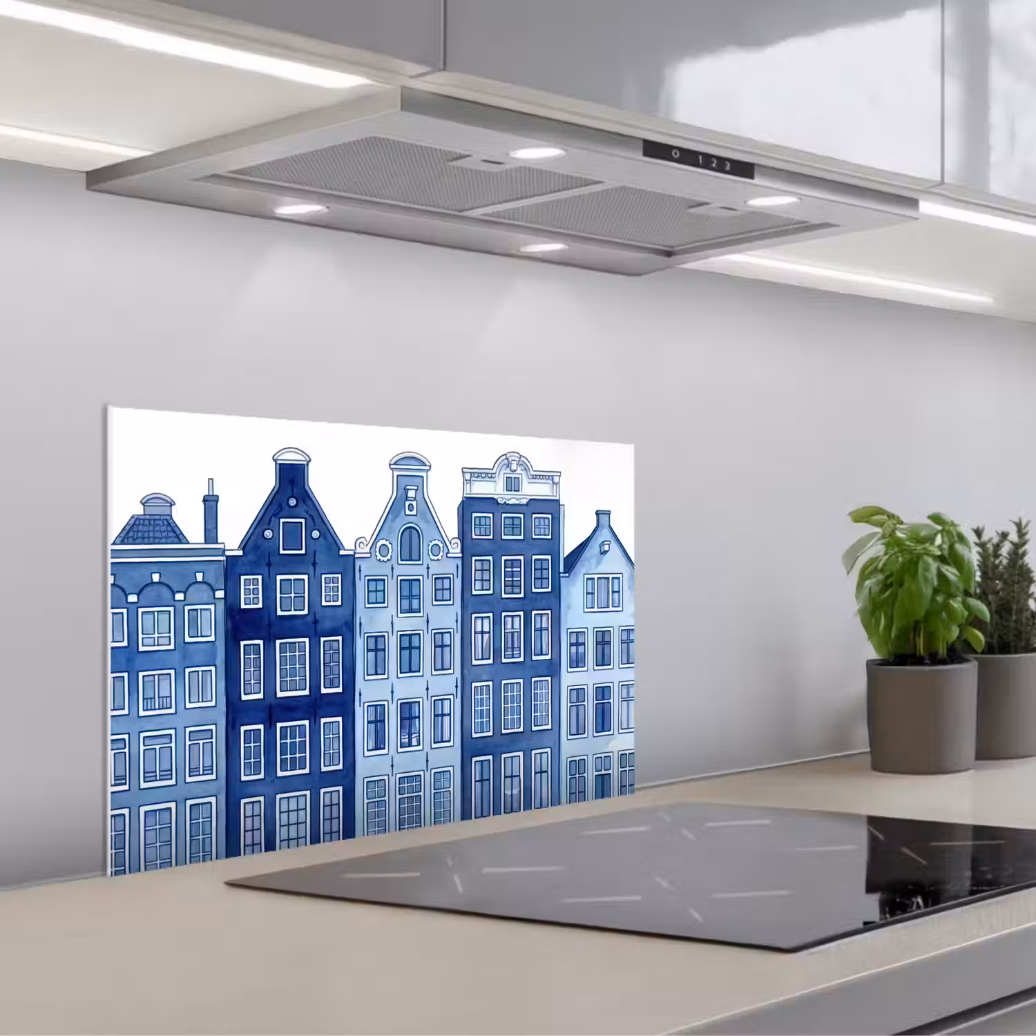 Aquarel - Grachtenpanden - Delfts - Blauw keuken achterwand spatscherm klein -3d_schuin