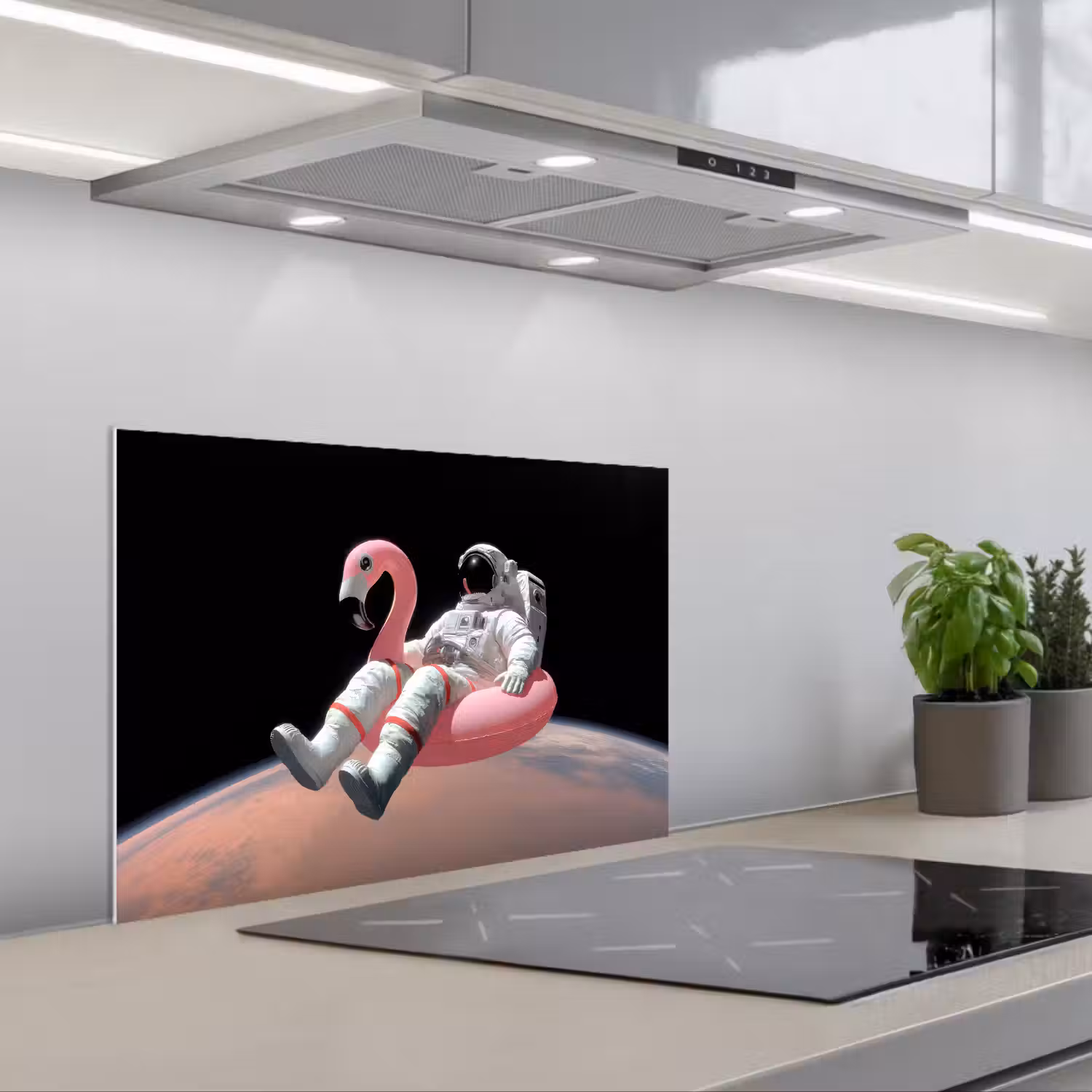 Astronaut - Flamingo - Zwemband - Roze keuken achterwand spatscherm klein -3d_schuin