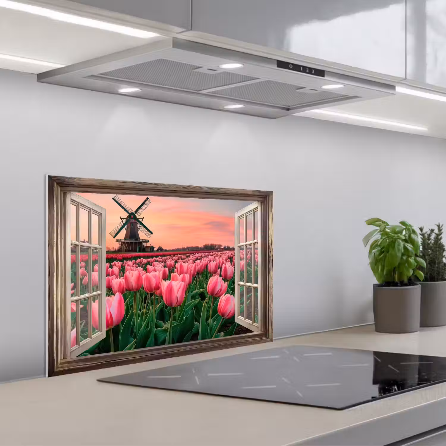 Doorkijk - Tulpen - Bloemen - Molen - Raam keuken achterwand spatscherm klein -3d_schuin