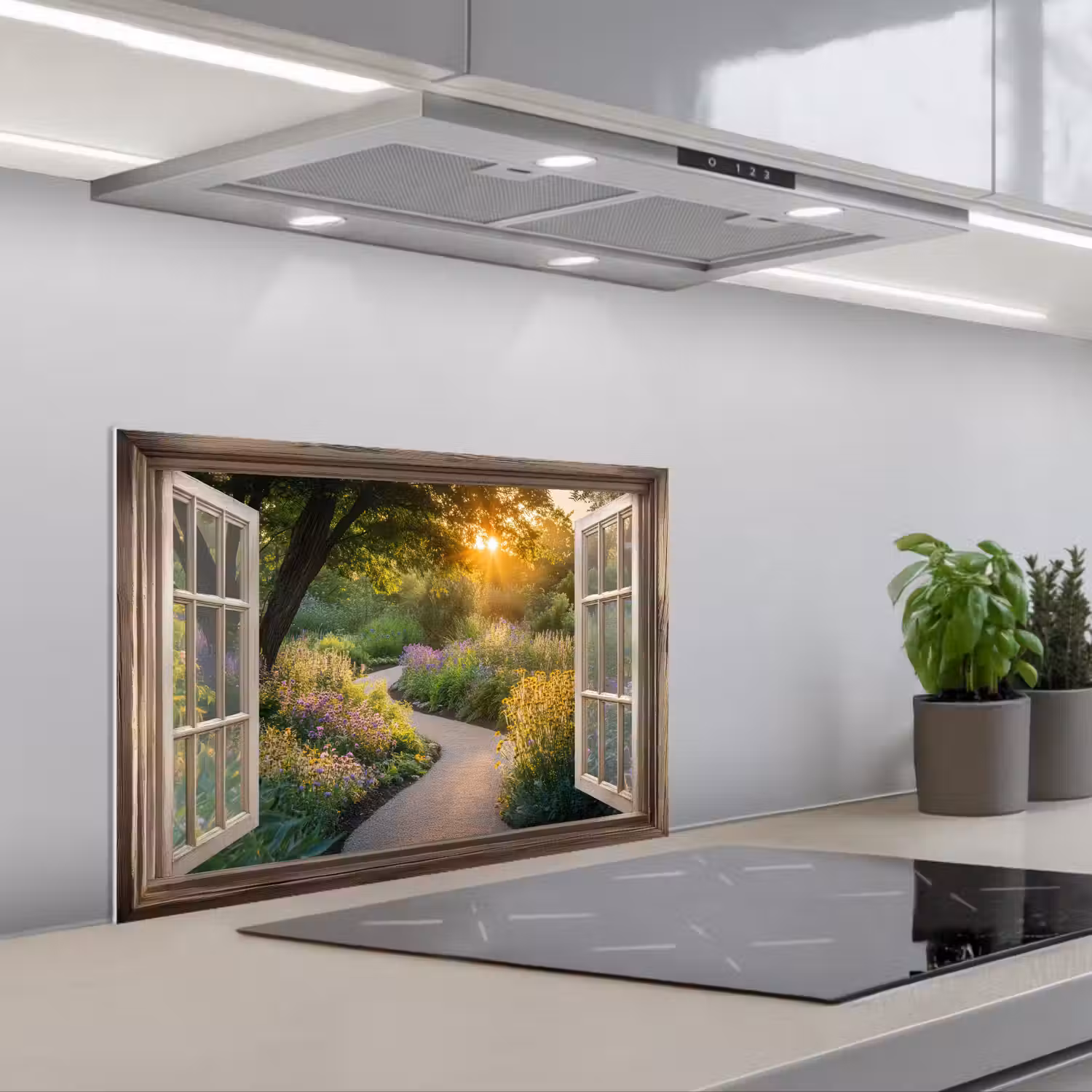 Doorkijk - Bloemen - Natuur - Zon - Pad keuken achterwand spatscherm klein -3d_schuin