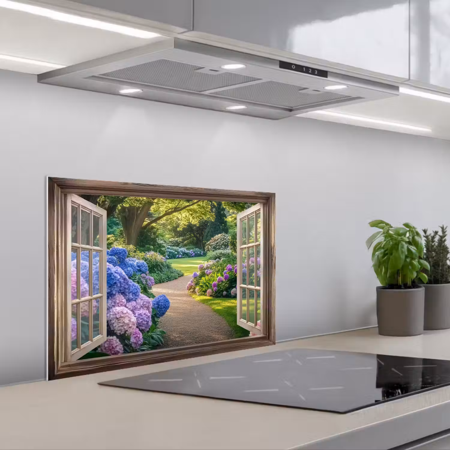 Doorkijk - Tuin - Raam - Hortensia - Bloemen keuken achterwand spatscherm klein -3d_schuin
