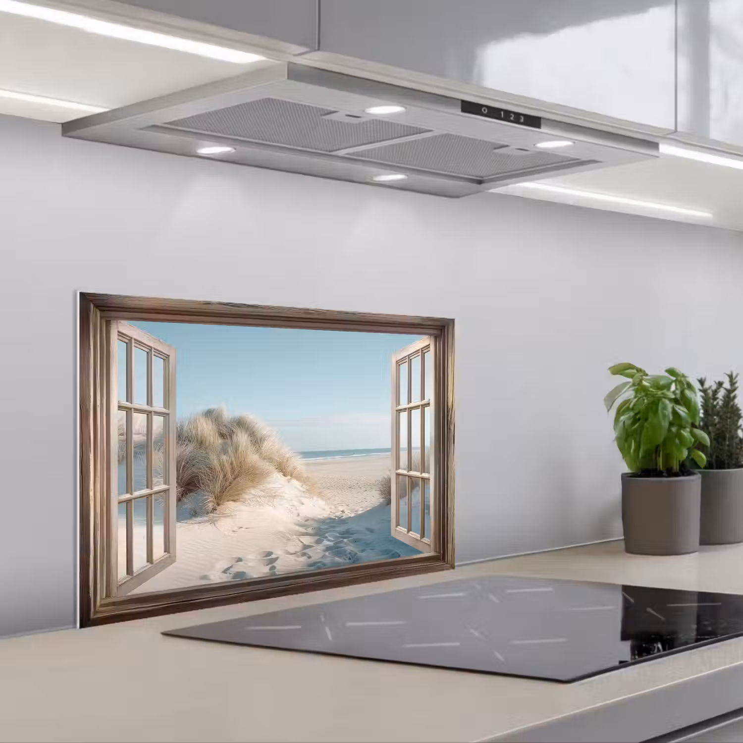 Doorkijk - Helmgras - Duinen - Zee - Landschap keuken achterwand spatscherm klein -3d_schuin