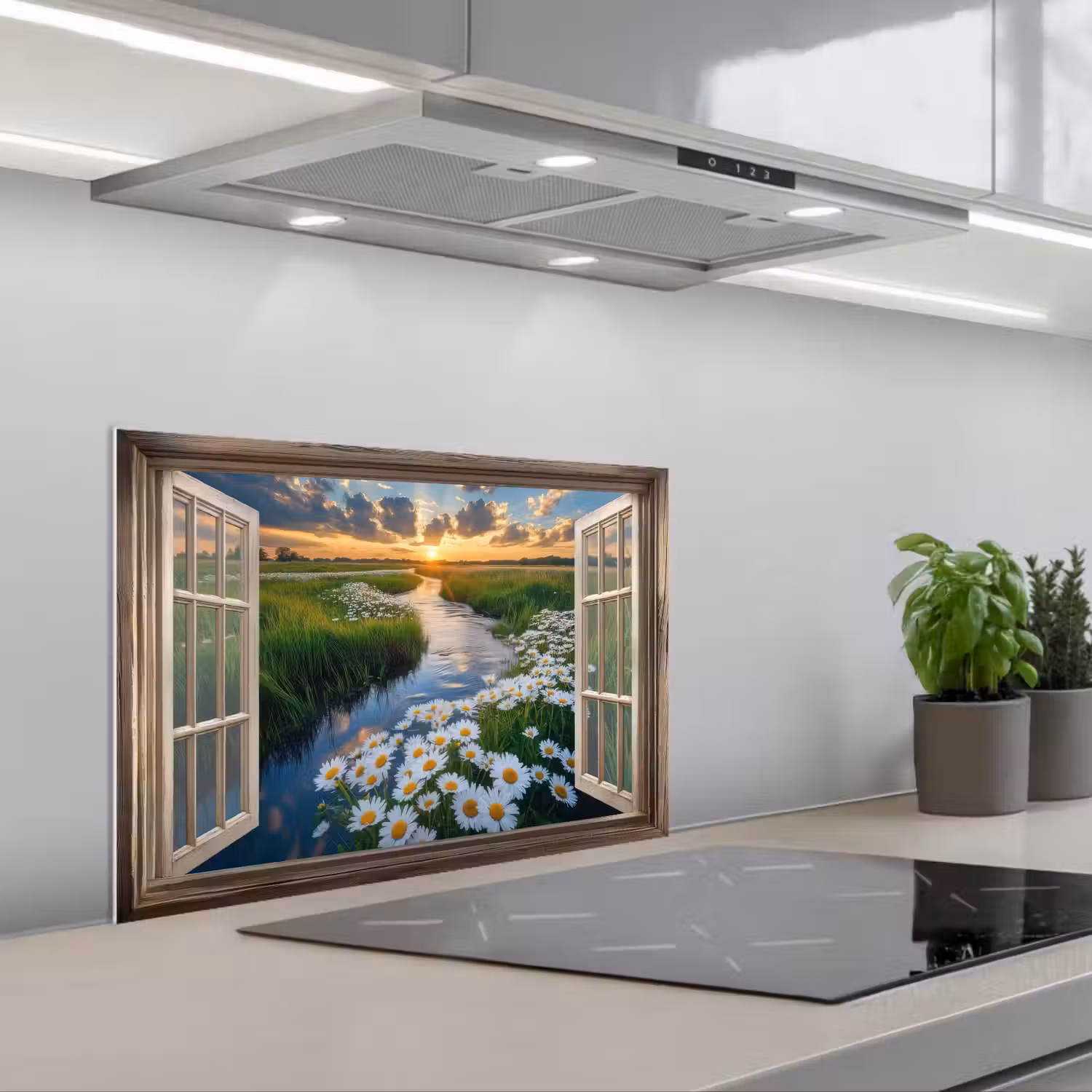 Doorkijk - Landschap - Raam - Water - Zonsondergang keuken achterwand spatscherm klein -3d_schuin