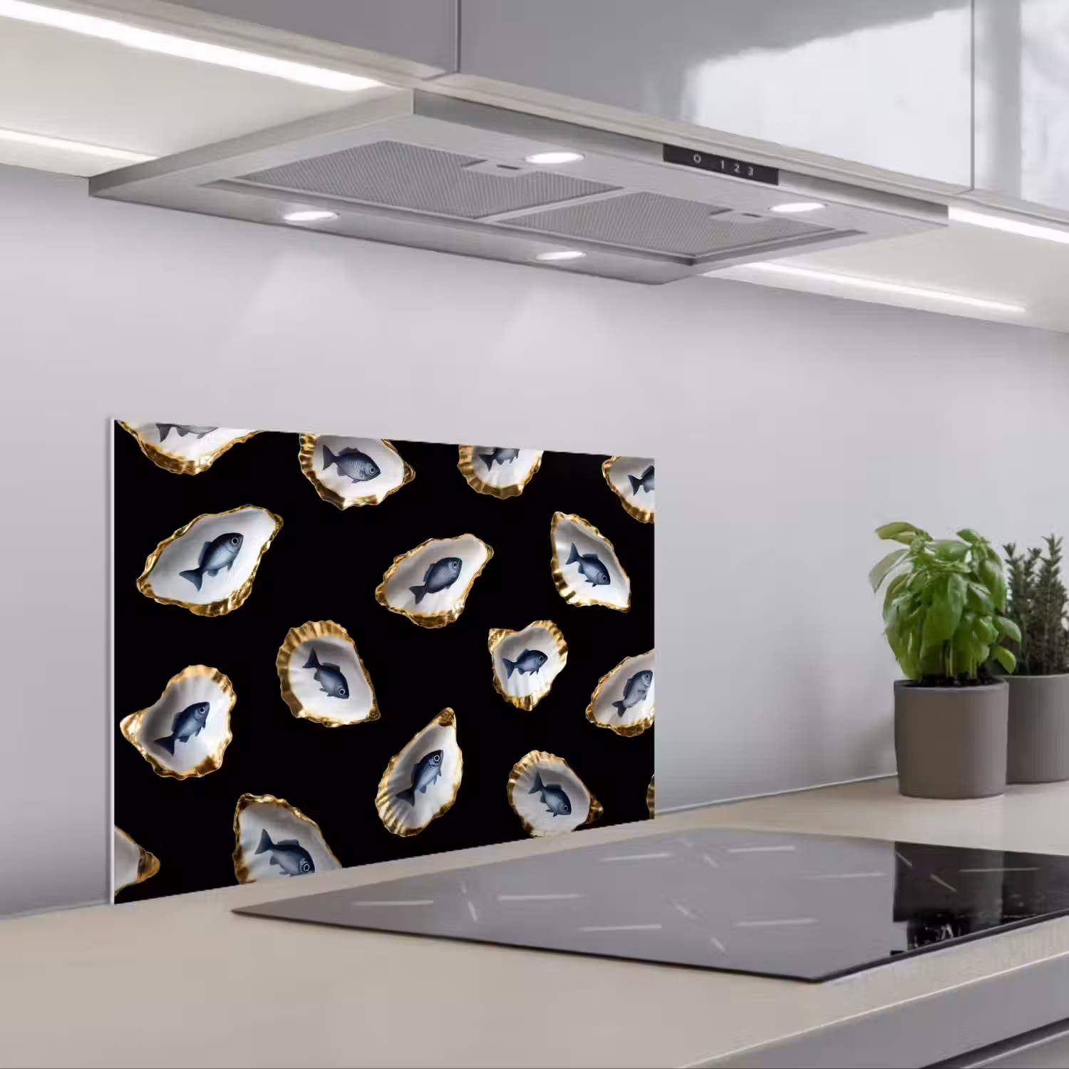 Oesters - Vissen - Blauw - Goud keuken achterwand spatscherm klein -3d_schuin