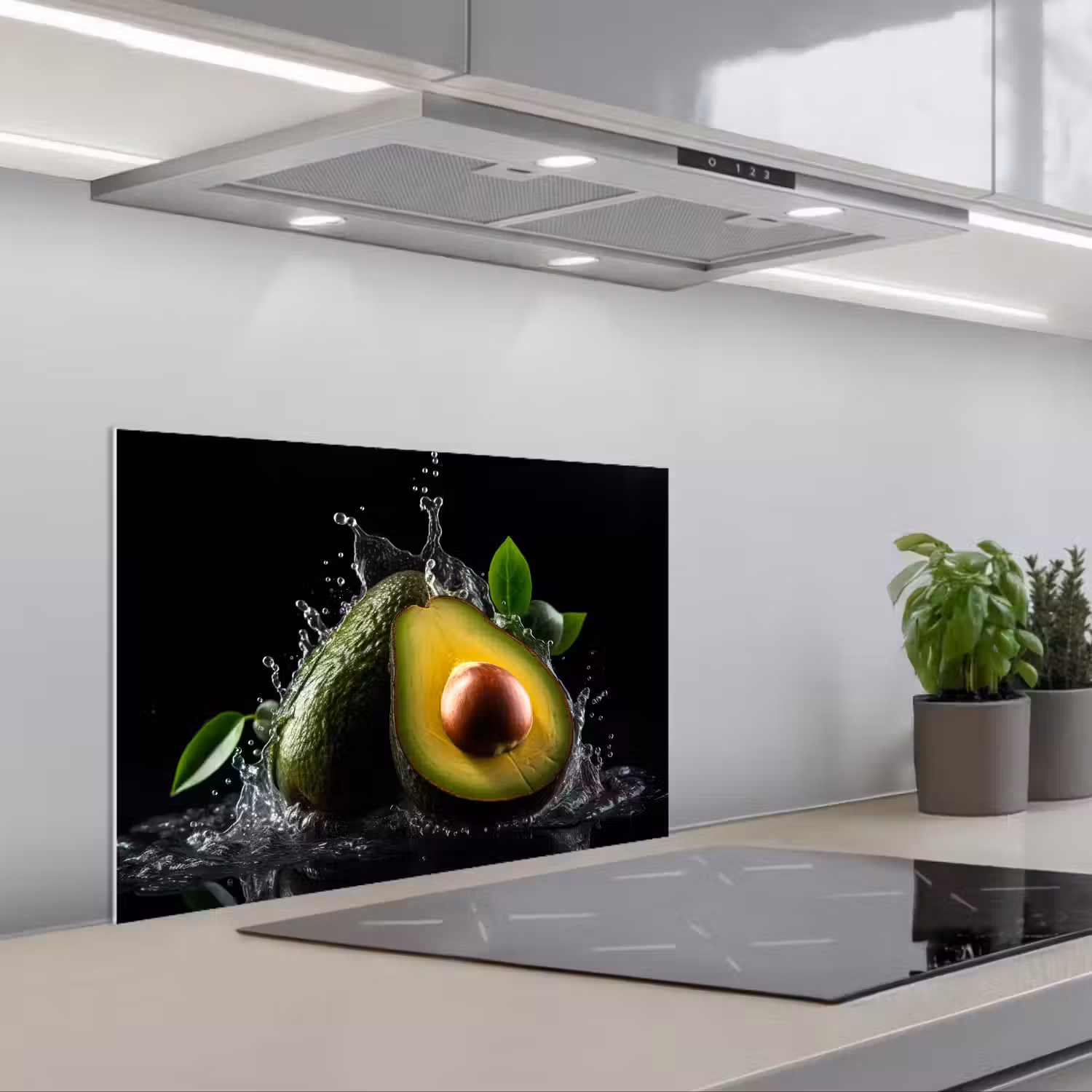 Avocado - Groente - Bladeren - Water - Zwart - Groen keuken achterwand spatscherm klein -3d_schuin