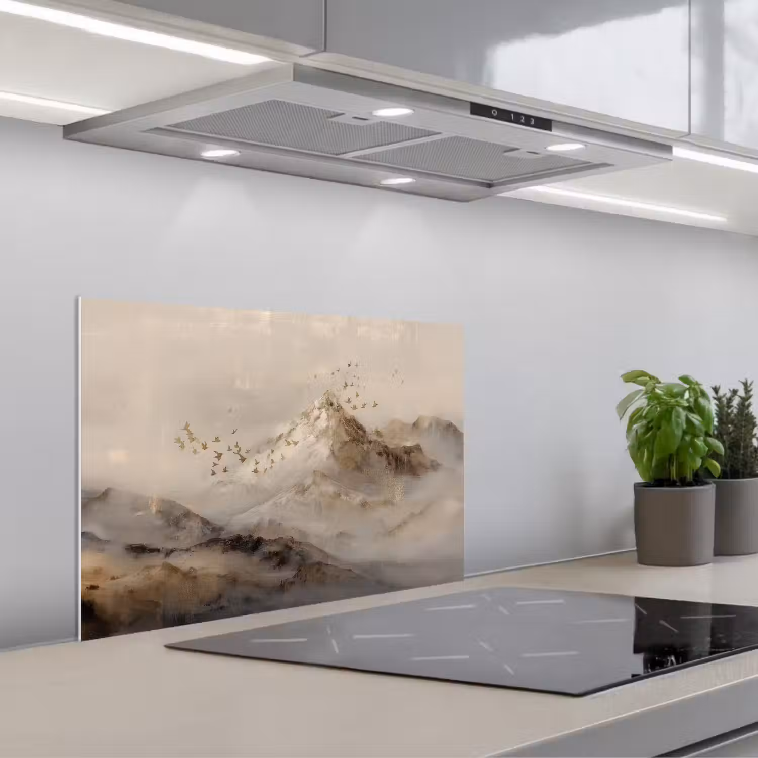 Berglandschap - Mist - Penseelstreken keuken achterwand spatscherm klein -3d_schuin