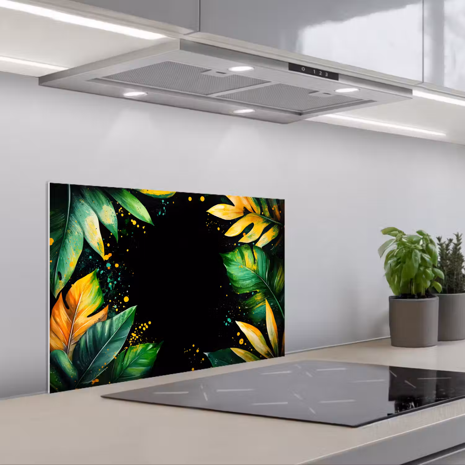 Bladeren - Groen - Geel - Verf - Jungle keuken achterwand spatscherm klein -3d_schuin