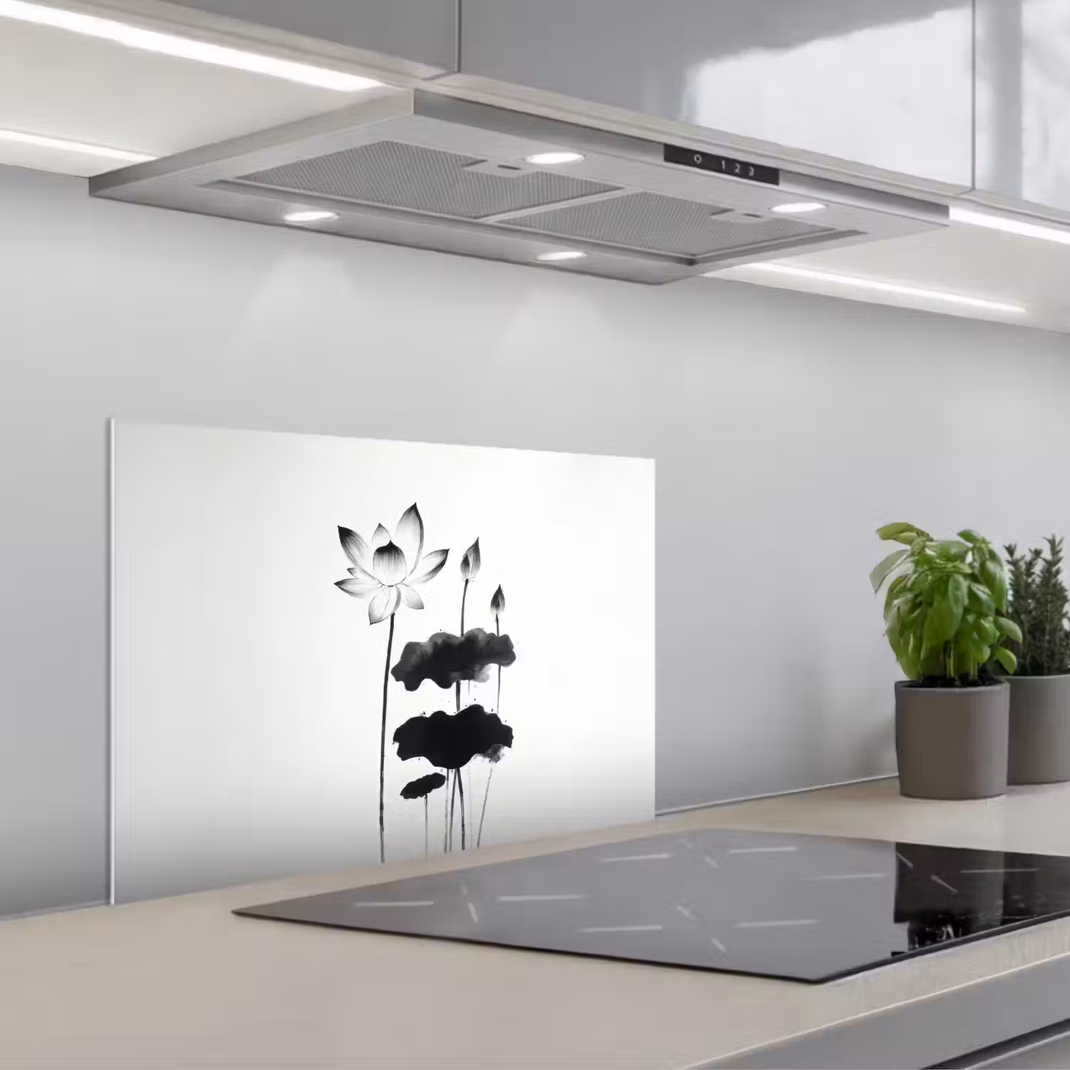 Bladeren - Zwart - Lotusbloem - Minimalitisch keuken achterwand spatscherm klein -3d_schuin