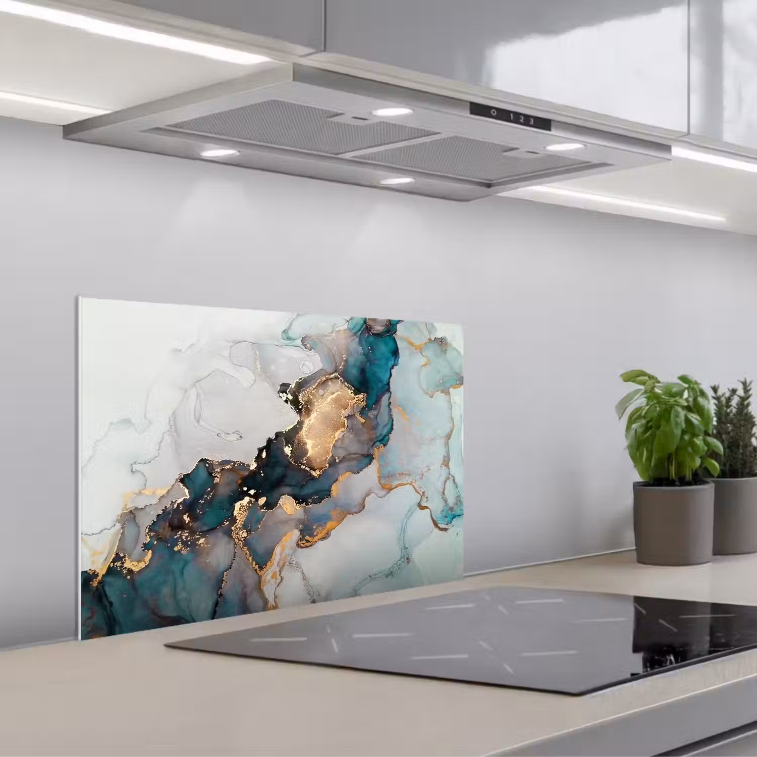 Marmer print - Goud - Blauw keuken achterwand spatscherm klein -3d_schuin