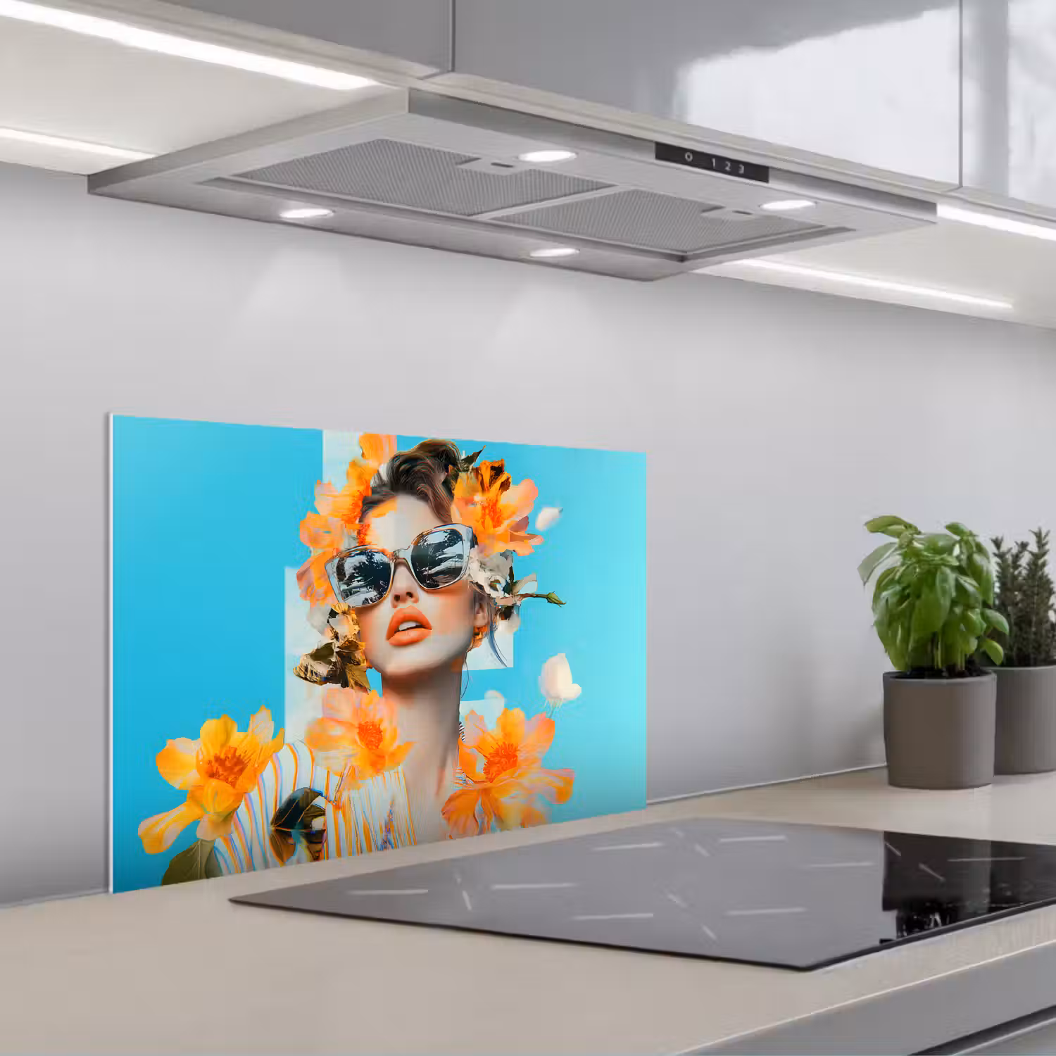 Bloemen - Vrouw - Zonnebril - Blauw keuken achterwand spatscherm klein -3d_schuin