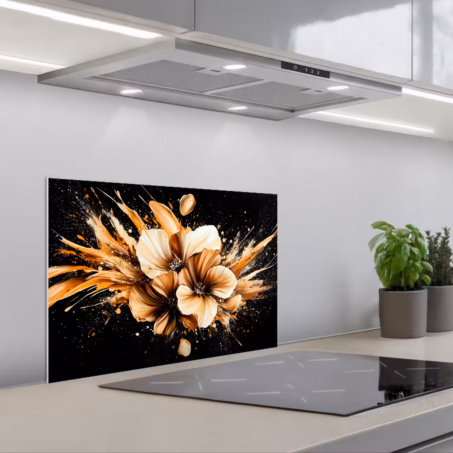 Bloemen - Goud - Graffiti - Zwart - Abstract keuken achterwand spatscherm klein -3d_schuin