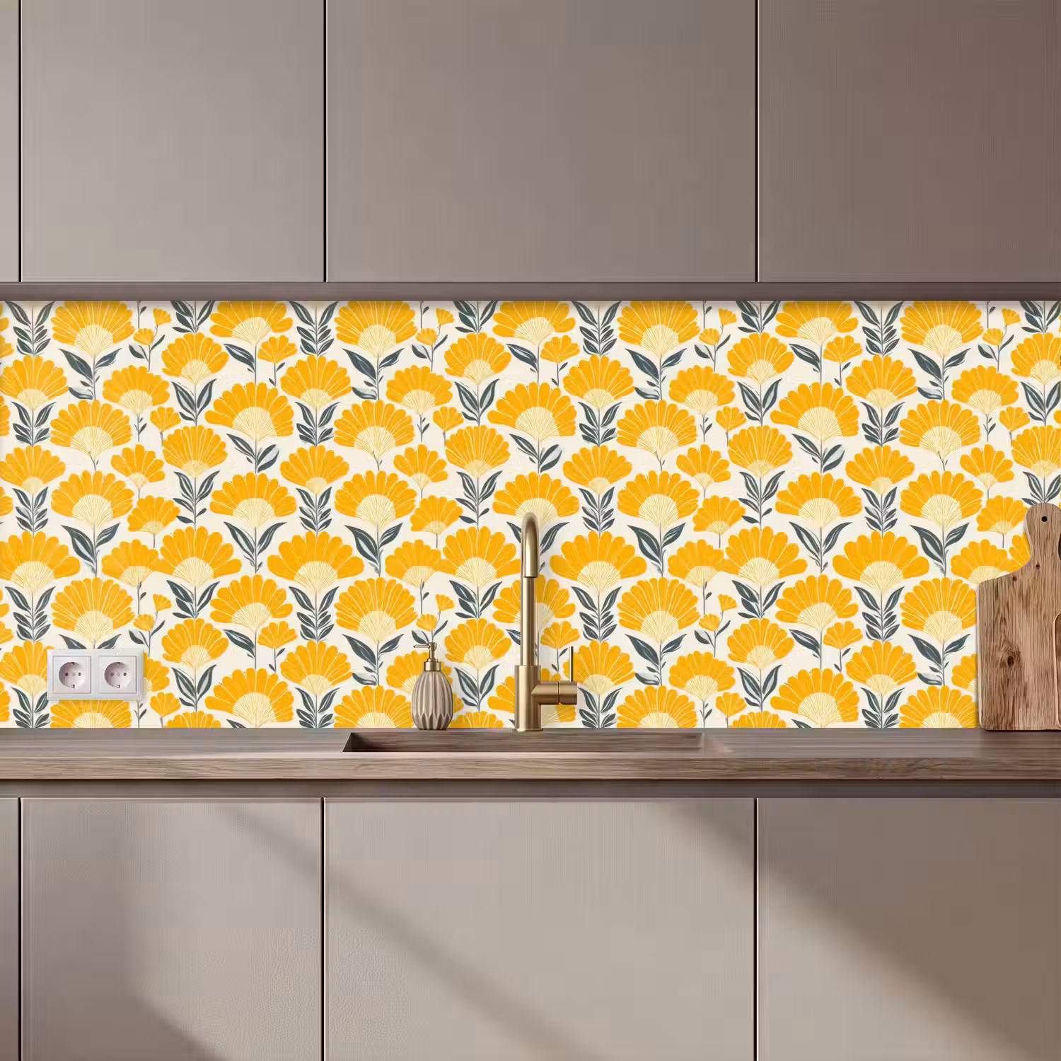 Bloemen - Retro - Botanisch - Okergeel - Grijs keuken achterwand 2 middel 871 zz_3dshopping