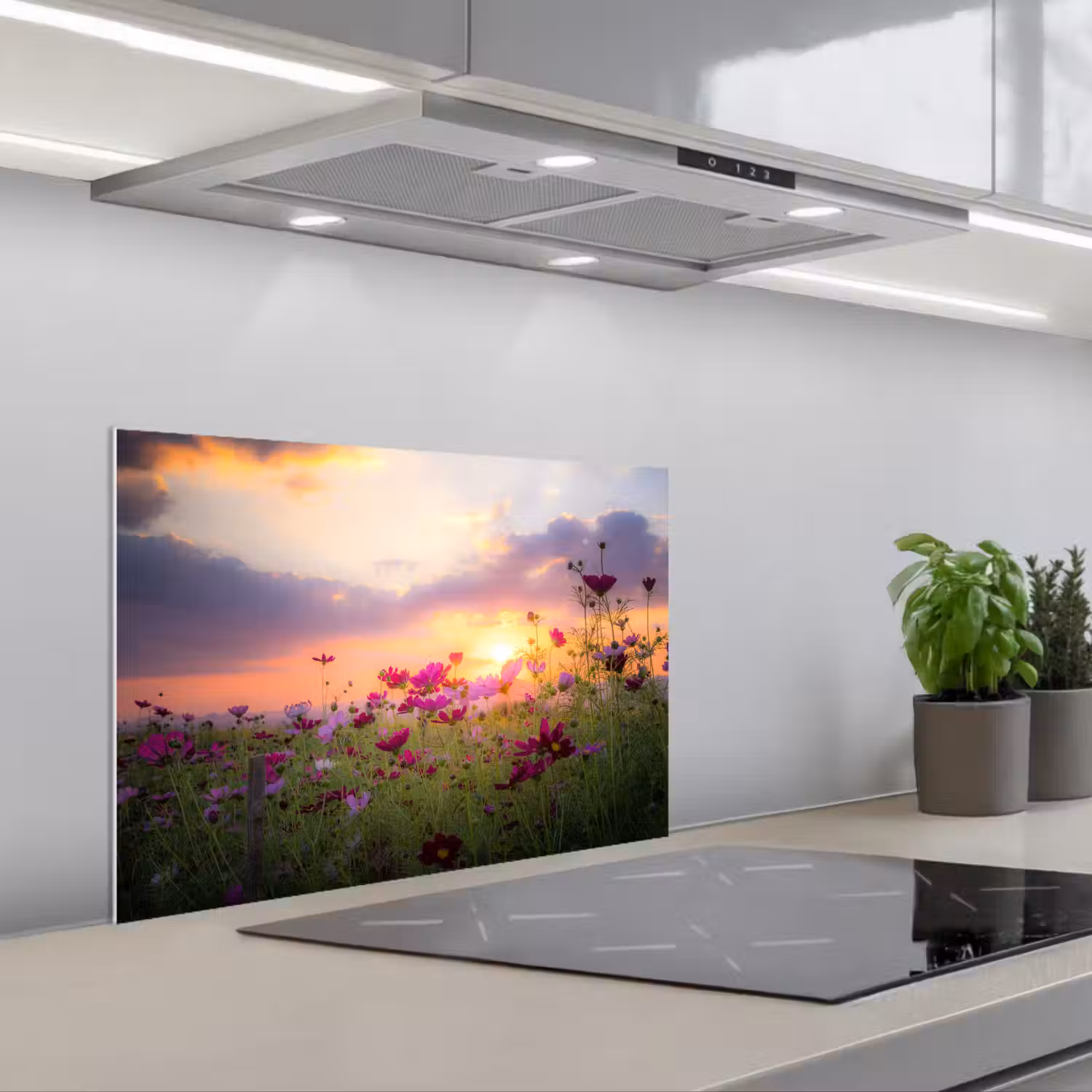 Bloemen - Roze - Zonsondergang - Natuur - Weide - Horizon keuken achterwand spatscherm klein -3d_schuin
