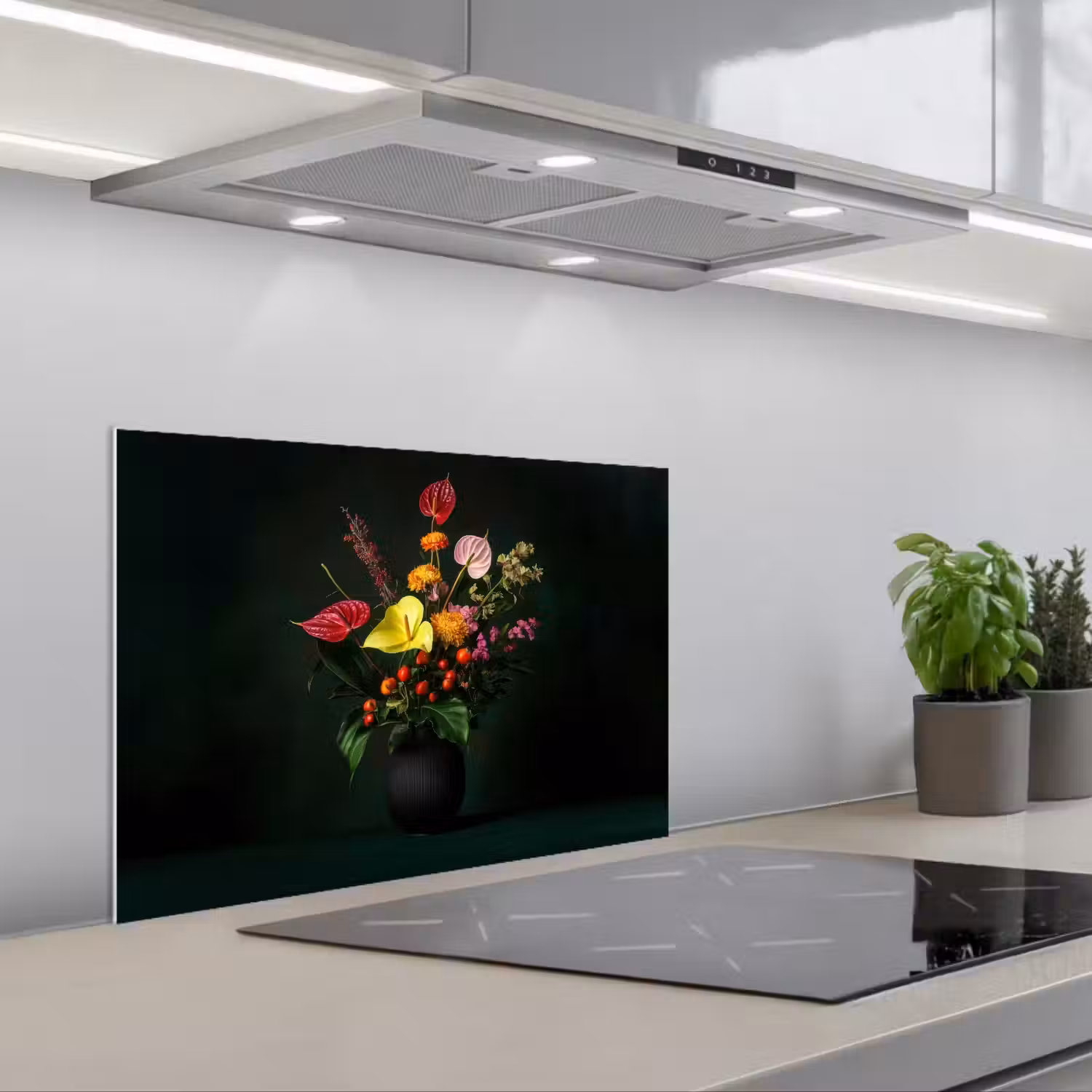 Bloemen - Vaas - Zwart keuken achterwand spatscherm klein -3d_schuin