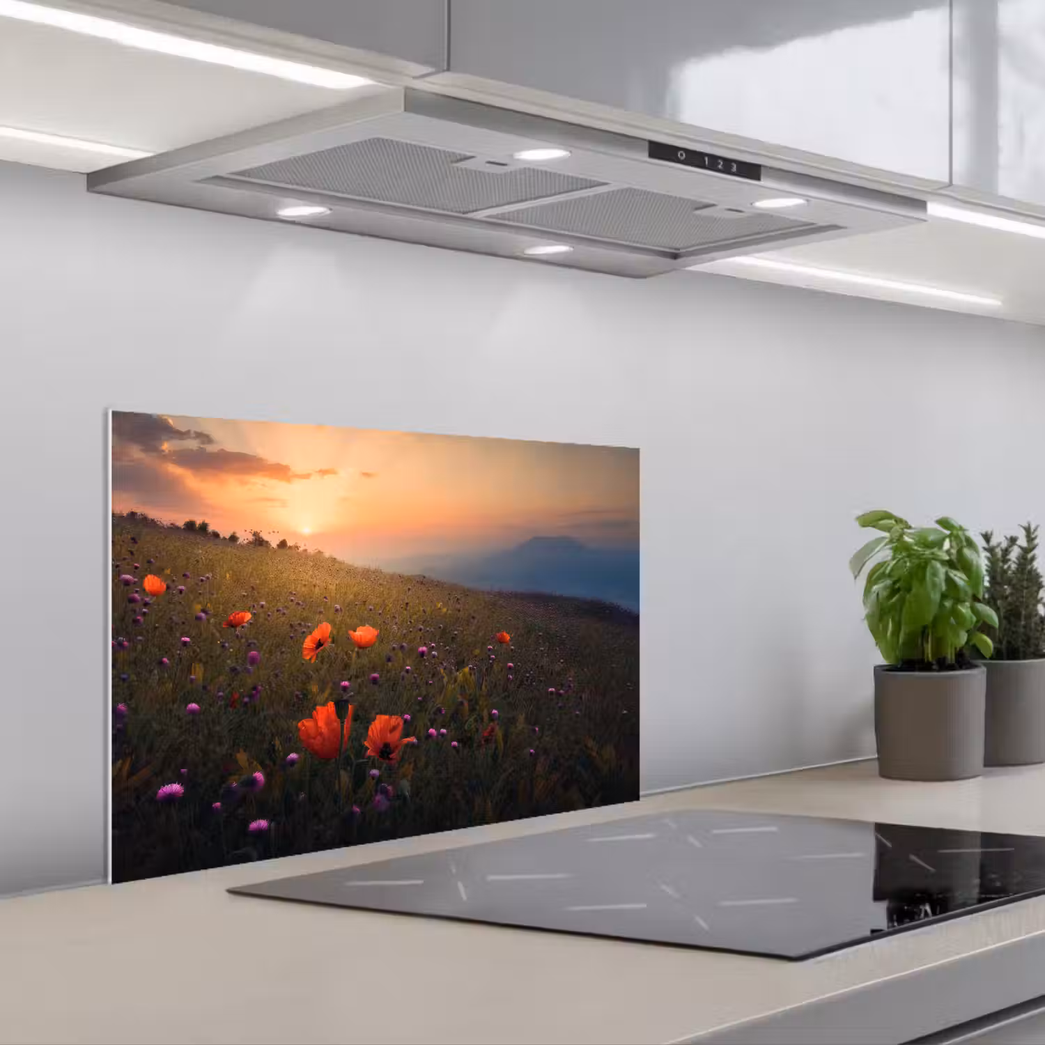 Bloemenveld - Gras - Bloemen - Planten - Zonsondergang - Oranje keuken achterwand spatscherm klein -3d_schuin