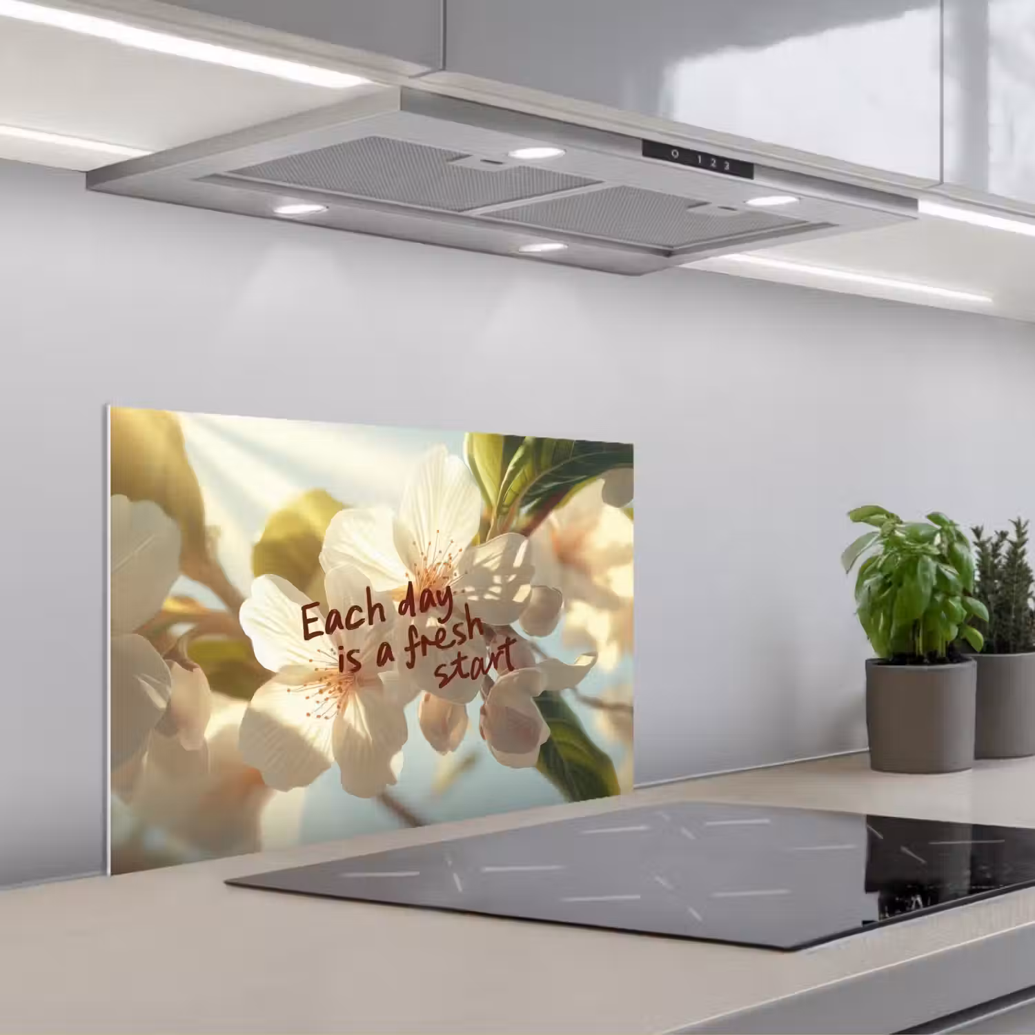 Bloesems - Zonlicht - Quote - Wit keuken achterwand spatscherm klein -3d_schuin