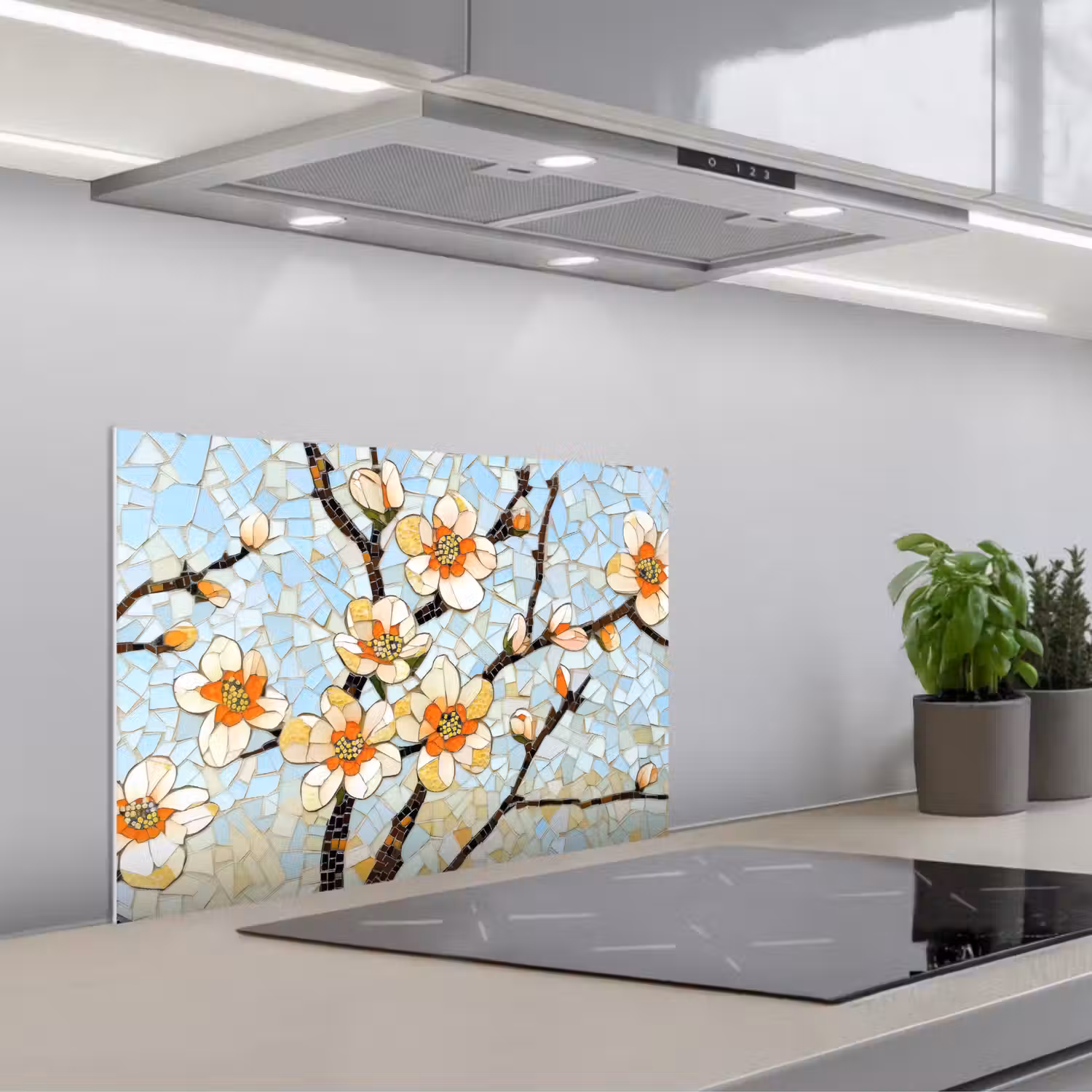 Bloesems - Wit - Mozaïek - Tak keuken achterwand spatscherm klein -3d_schuin