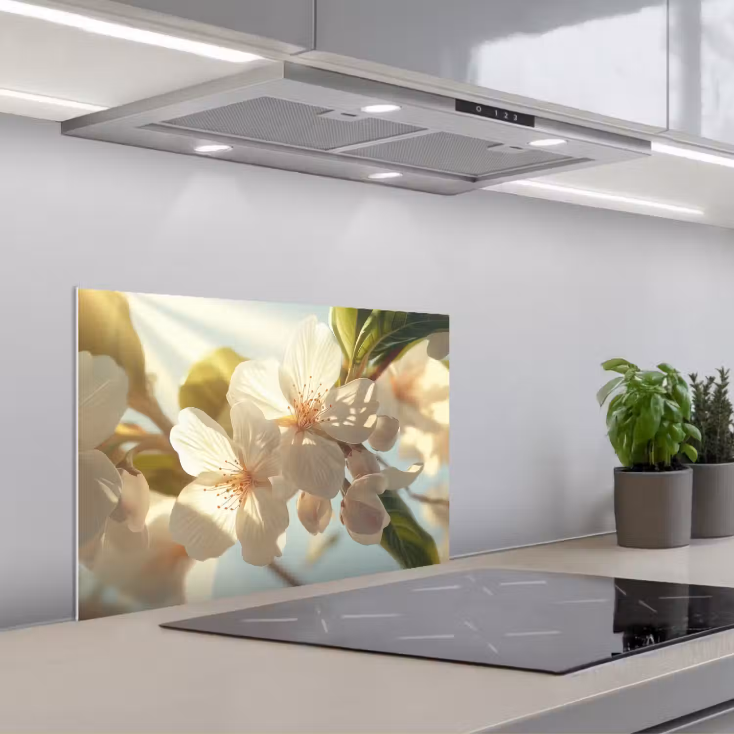 Bloesems - Wit - Zonnestralen - Bloemblaadjes keuken achterwand spatscherm klein -3d_schuin