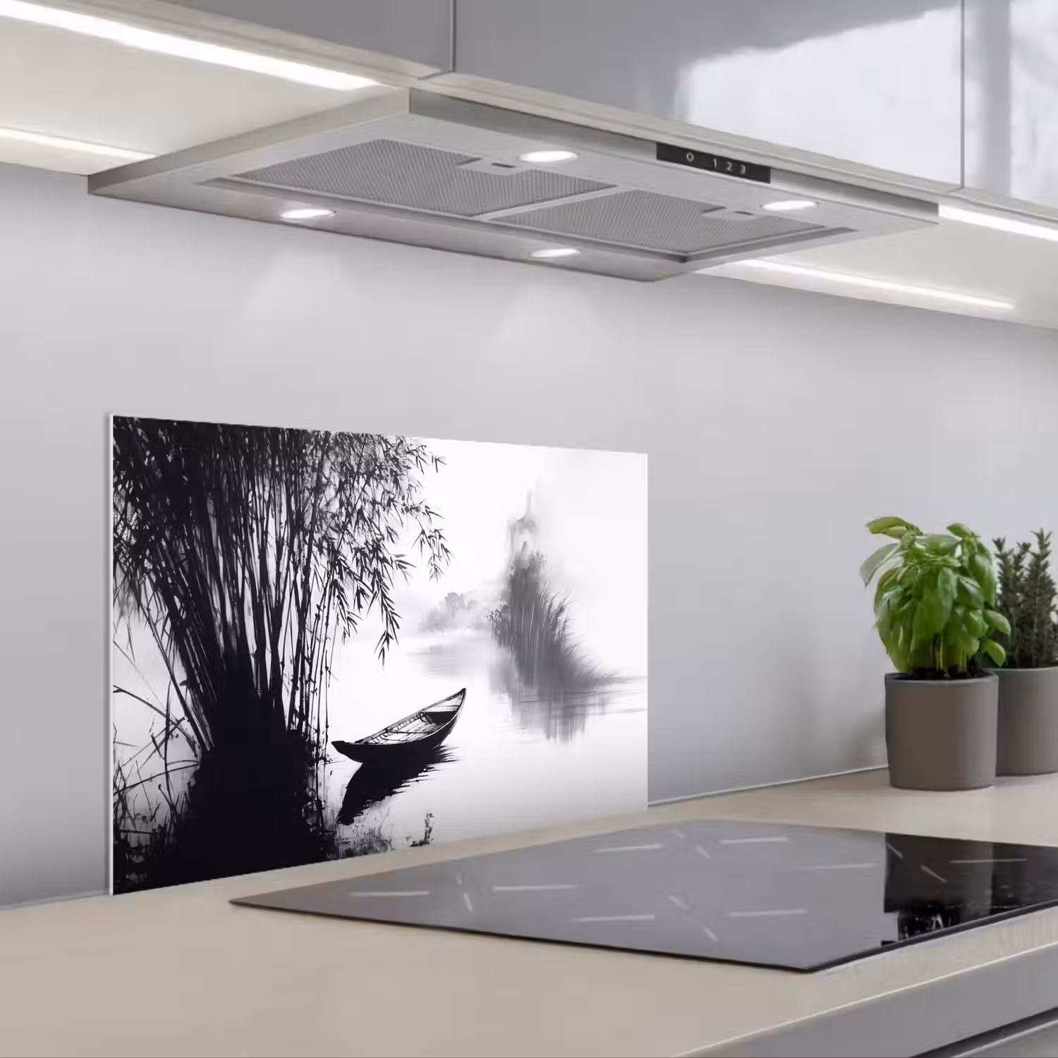 Boot - Rivier - Bamboe - Wit keuken achterwand spatscherm klein -3d_schuin