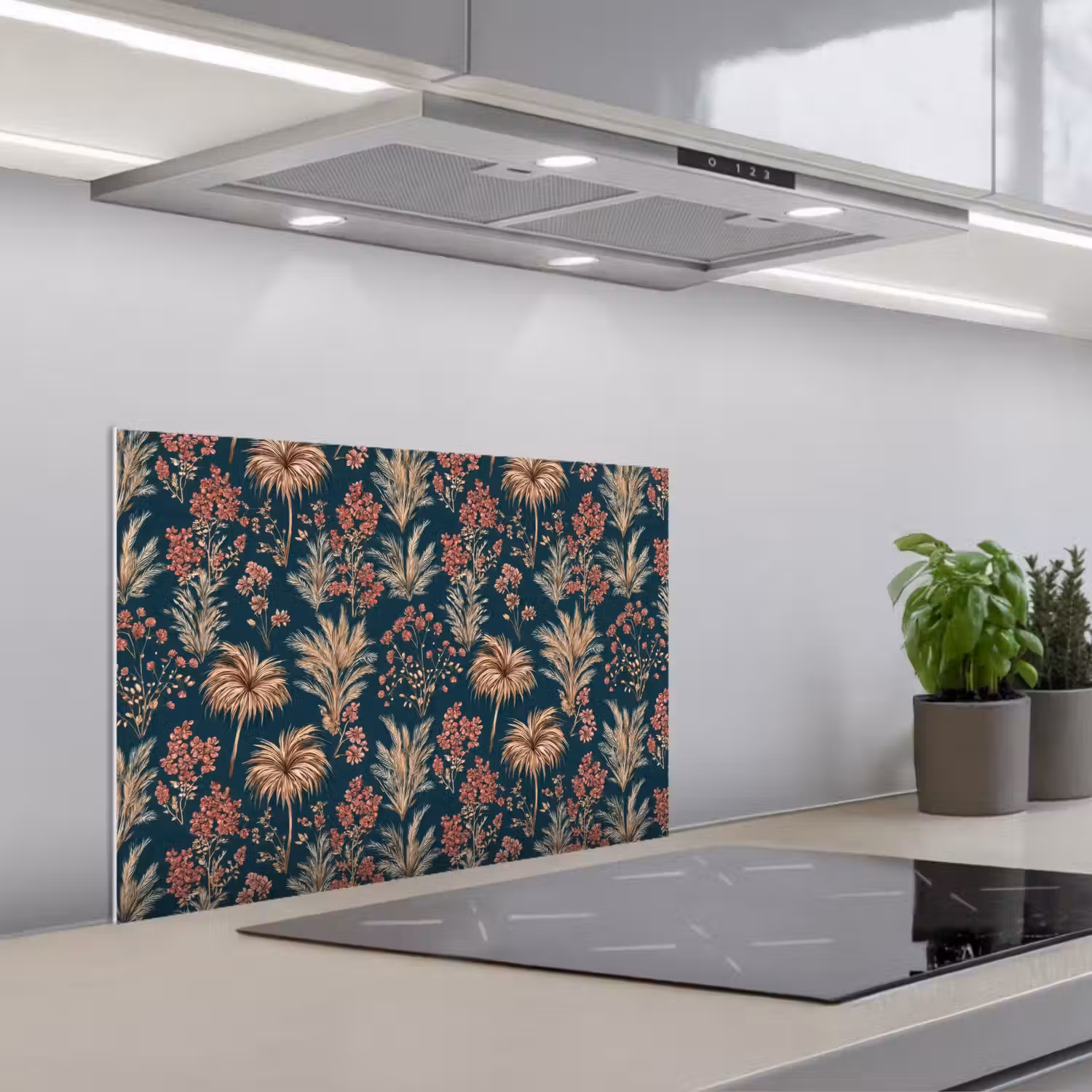 Botanisch - Patroon - Blauw keuken achterwand spatscherm klein 900 -3d_schuin