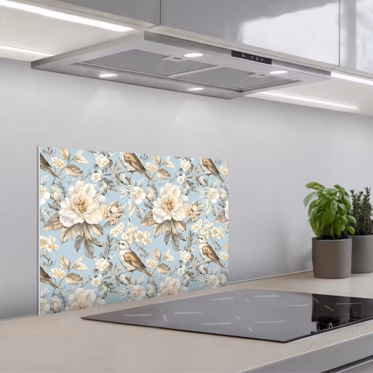 Botanisch - Zangvogel - Blauw keuken achterwand spatscherm klein 900 -3d_schuin