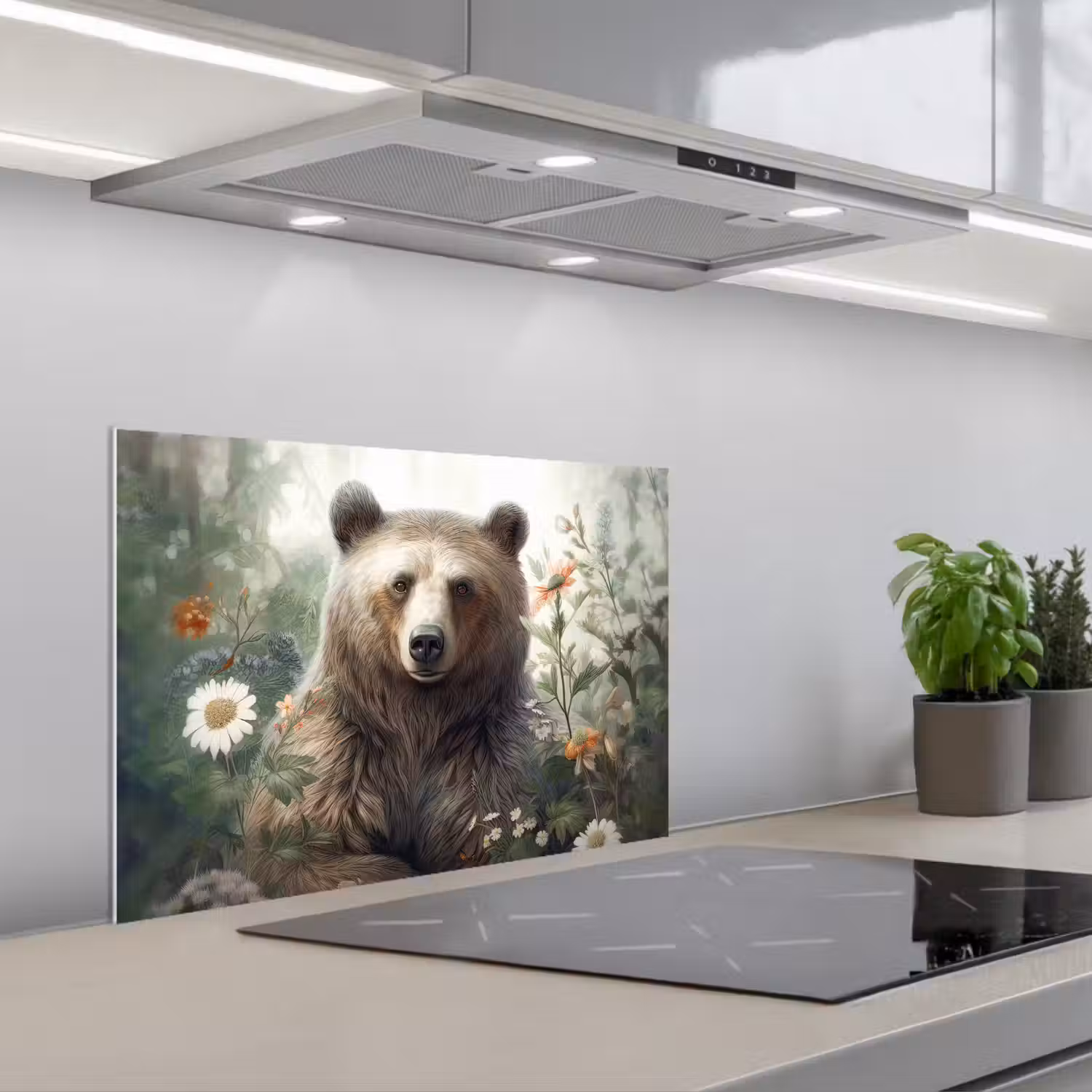 Bruine beer - Wilde dieren - Bloemen - Planten keuken achterwand spatscherm klein -3d_schuin