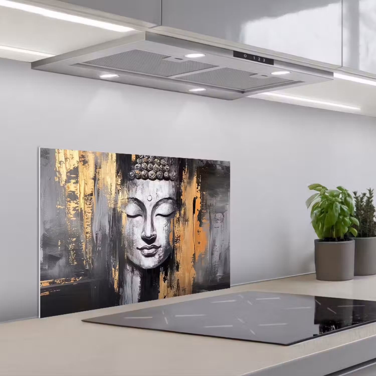 Boedhha - Penseelstreken - Goud - Abstract keuken achterwand spatscherm klein -3d_schuin