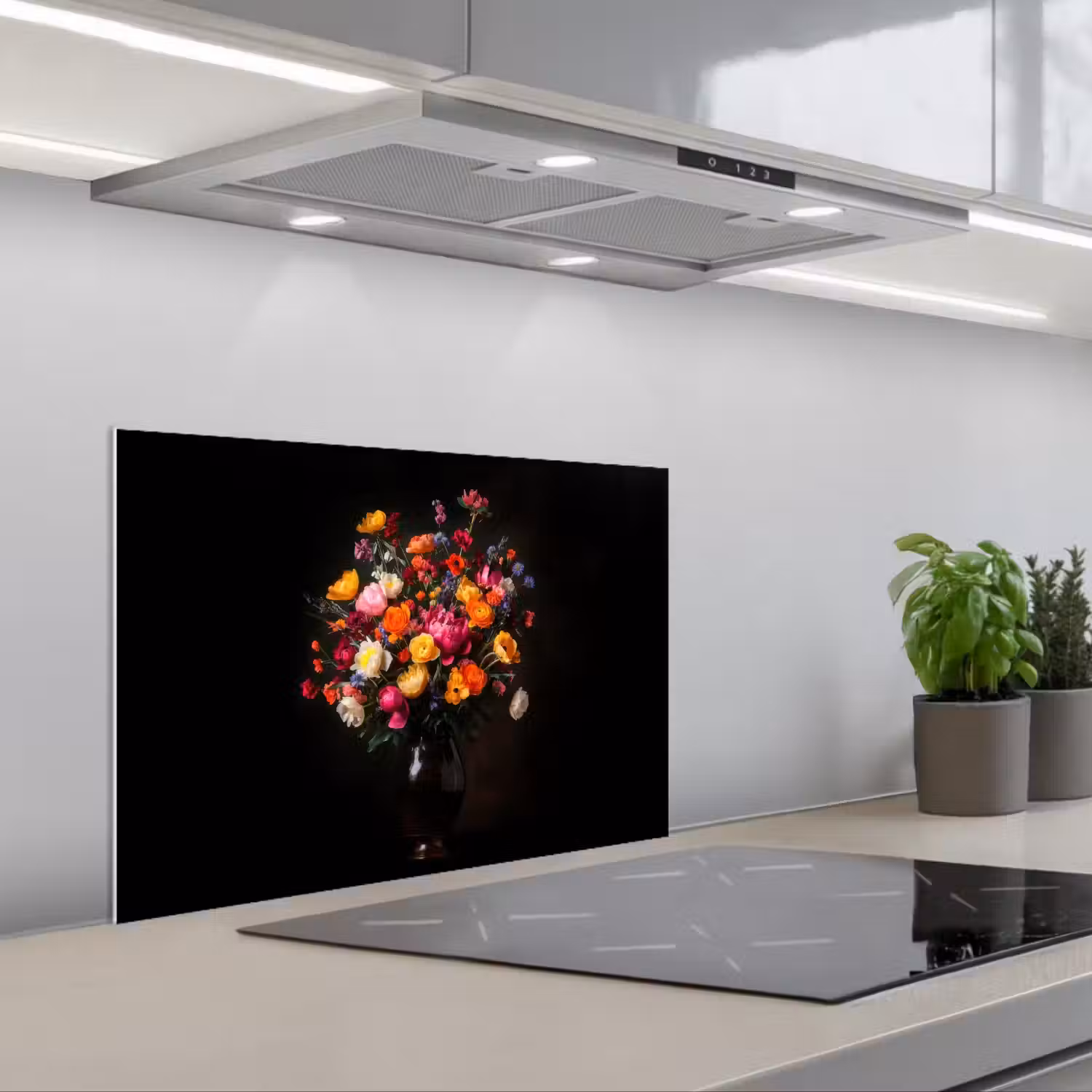 Kleurrijk - Boeket - Vaas - Donkerbruin keuken achterwand spatscherm klein -3d_schuin