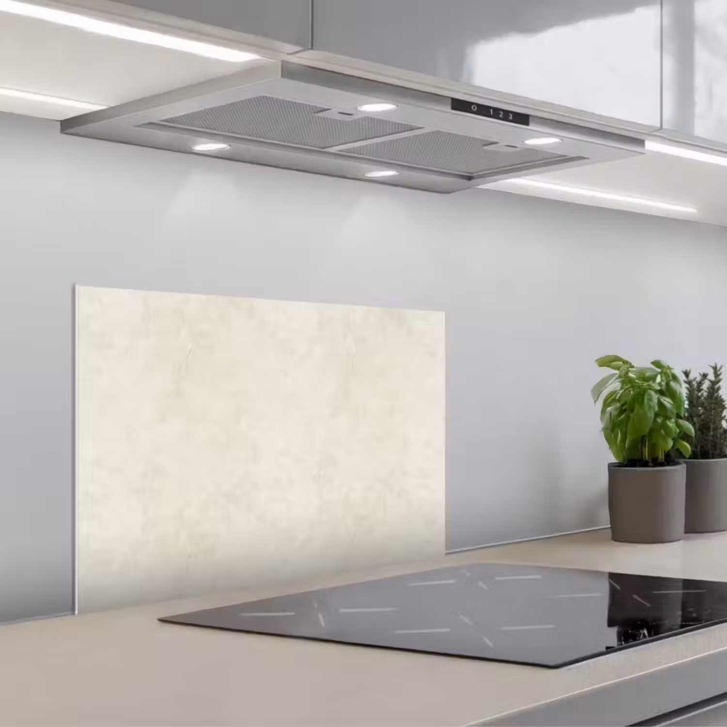 Crème - Egaal - Beton keuken achterwand spatscherm klein 900 -3d_schuin