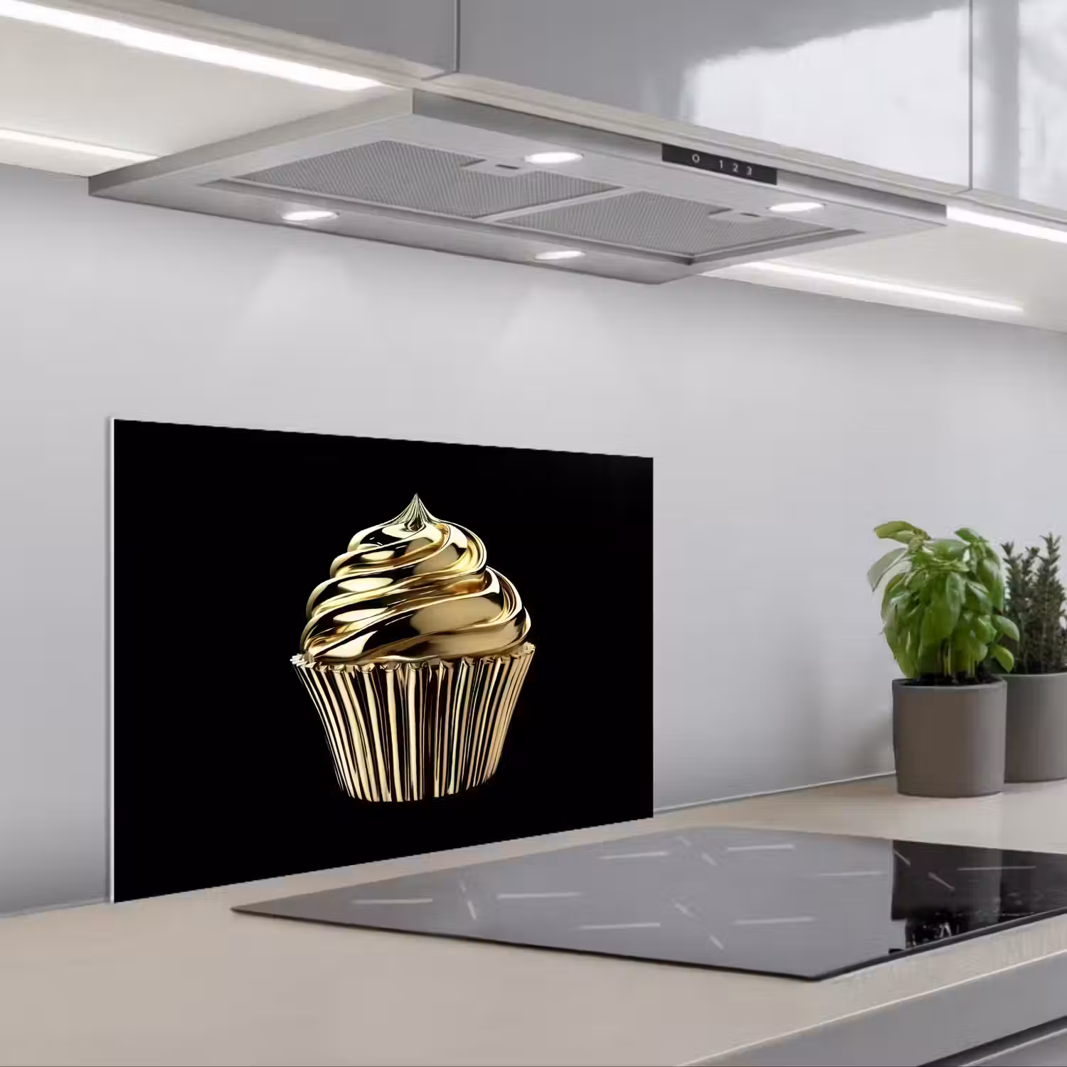 Cupcake - Eten - Goud - Zwart keuken achterwand spatscherm klein -3d_schuin