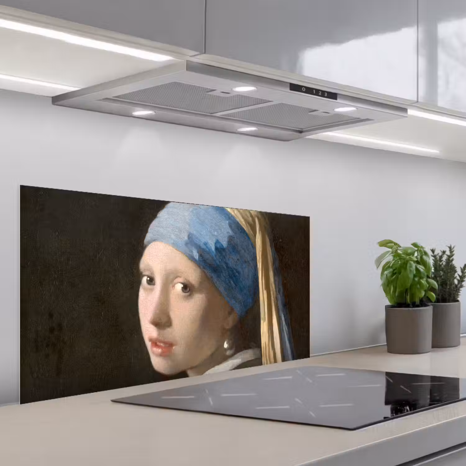 Meisje met de Parel - Schilderij van Johannes Vermeer keuken achterwand spatscherm middel -3d_schuin